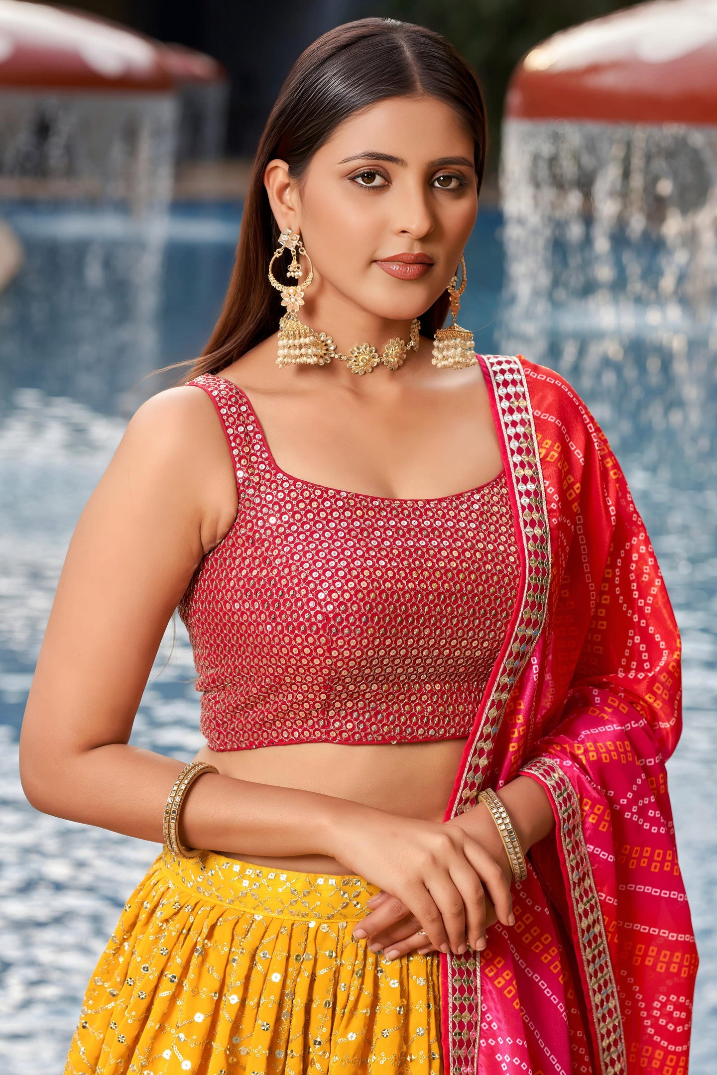 Yellow Georgette Lehenga Choli For Indian & Pakistani Wedding Festival - Sequins & Thread Embroidery Work, Zari Work, Print Work