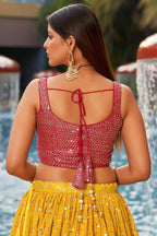 Yellow Georgette Lehenga Choli For Indian & Pakistani Wedding Festival - Sequins & Thread Embroidery Work, Zari Work, Print Work