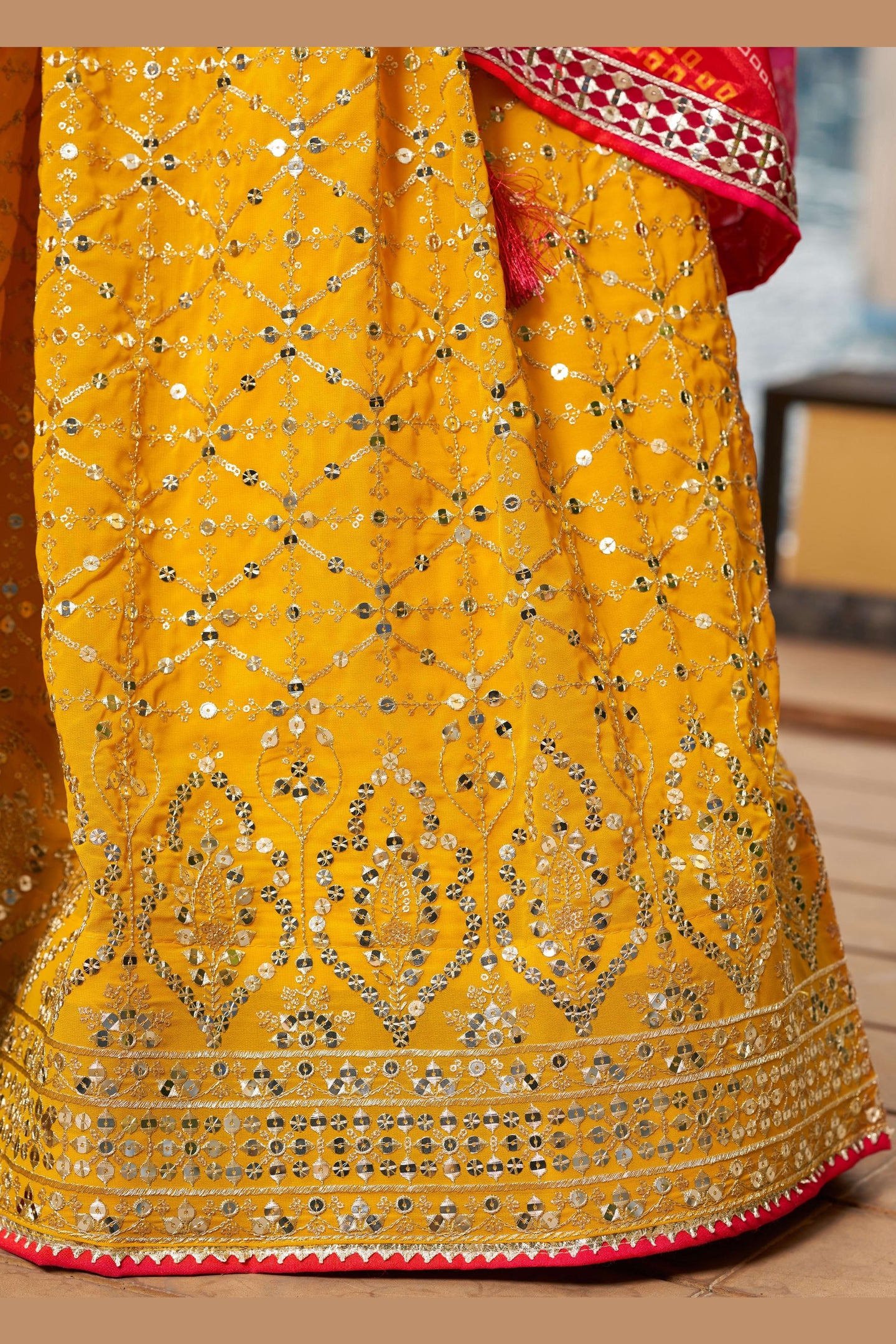 Yellow Georgette Lehenga Choli For Indian & Pakistani Wedding Festival - Sequins & Thread Embroidery Work, Zari Work, Print Work