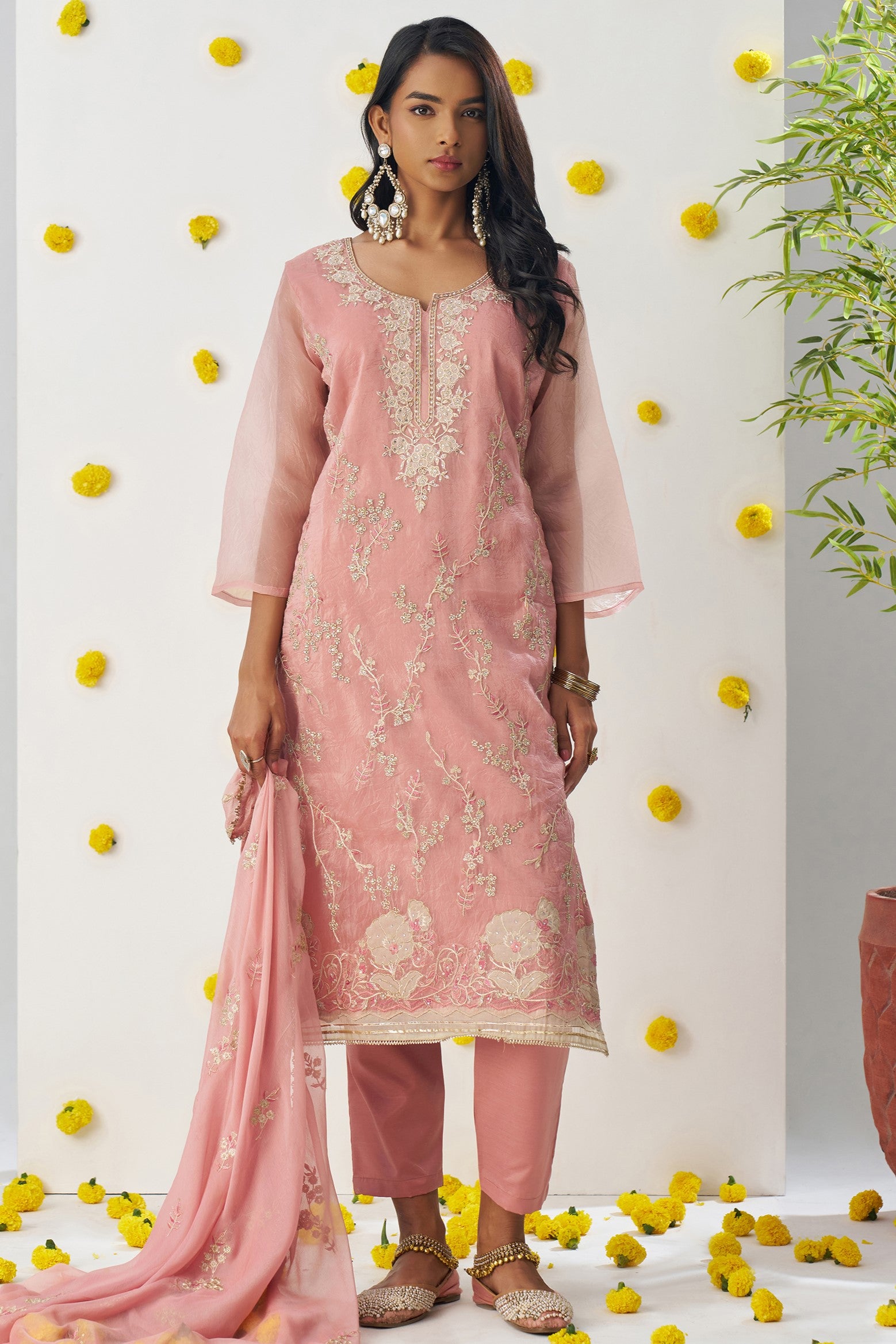 Blush Pink Crush Fabric Kameez with Pant & Chiffon Dupatta For Ladies Indian Festivals & Weddings - Embroidery Work