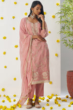 Blush Pink Crush Fabric Kameez with Pant & Chiffon Dupatta For Ladies Indian Festivals & Weddings - Embroidery Work