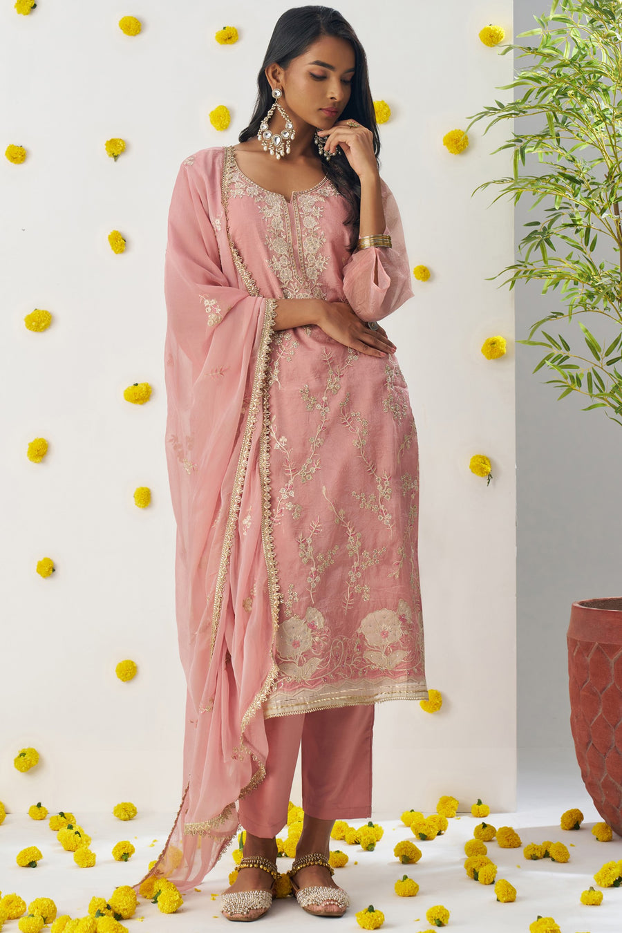 Blush Pink Crush Fabric Kameez with Pant & Chiffon Dupatta For Ladies Indian Festivals & Weddings - Embroidery Work