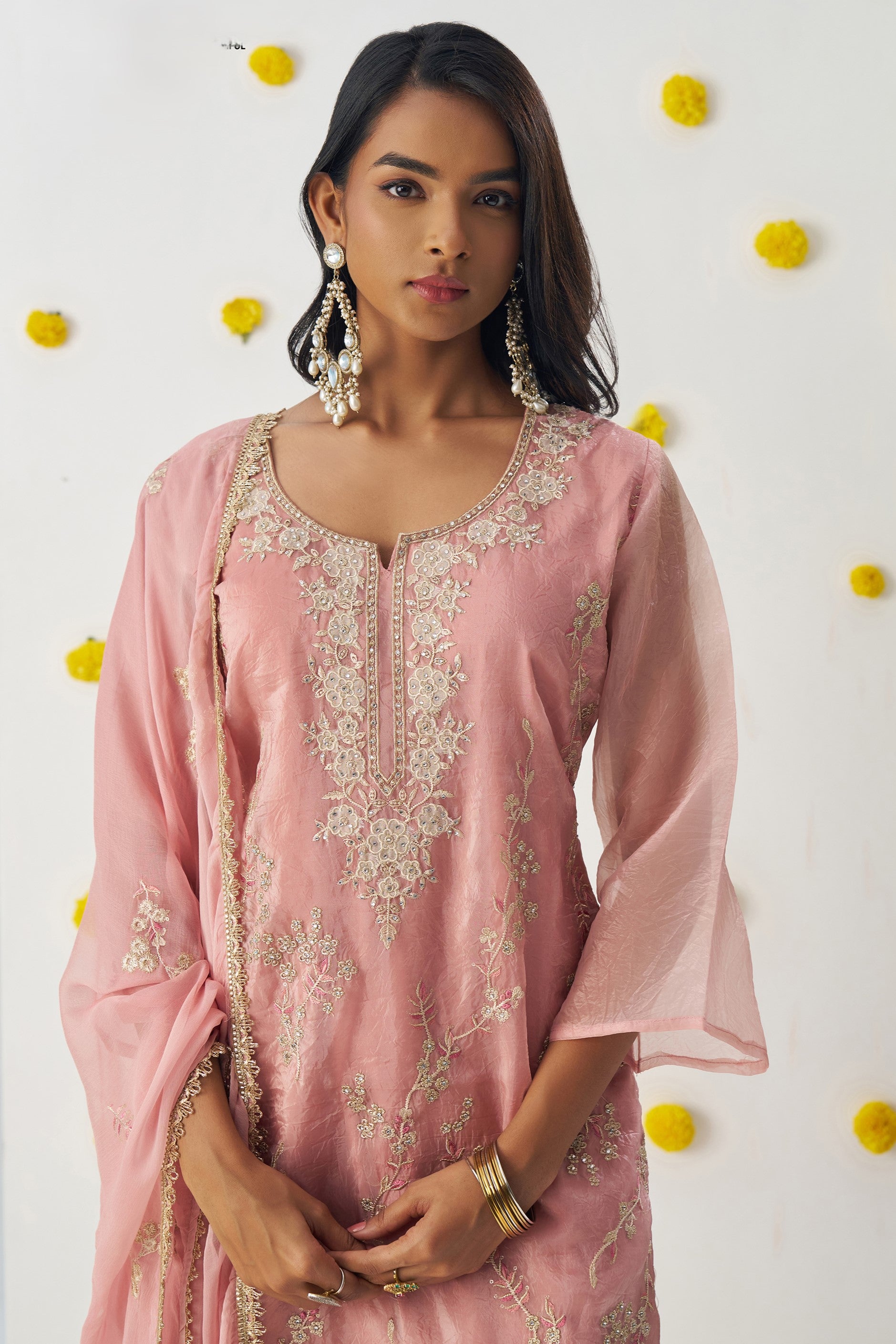 Blush Pink Crush Fabric Kameez with Pant & Chiffon Dupatta For Ladies Indian Festivals & Weddings - Embroidery Work