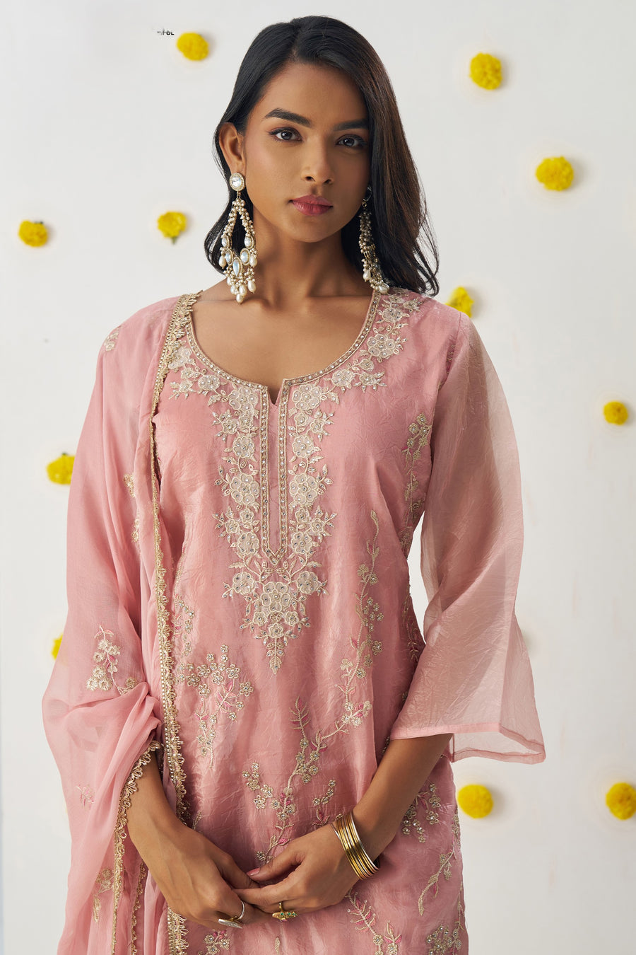 Blush Pink Crush Fabric Kameez with Pant & Chiffon Dupatta For Ladies Indian Festivals & Weddings - Embroidery Work