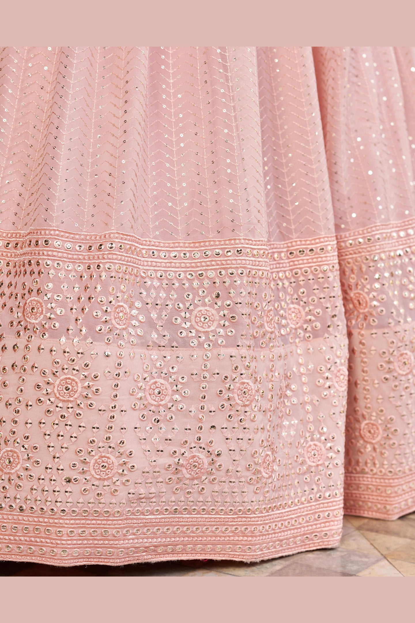 Light Pink Art Silk Lehenga Choli For Indian & Pakistani Wedding Festival - Sequins & Thread Embroidery Work, Zari Work, Embroidery Work, Real Mirror Work