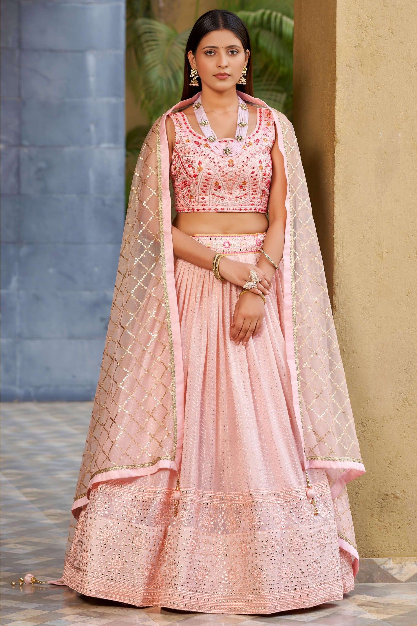 Light Pink Art Silk Lehenga Choli For Indian & Pakistani Wedding Festival - Sequins & Thread Embroidery Work, Zari Work, Embroidery Work, Real Mirror Work