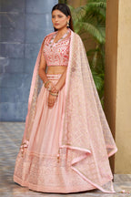 Light Pink Art Silk Lehenga Choli For Indian & Pakistani Wedding Festival - Sequins & Thread Embroidery Work, Zari Work, Embroidery Work, Real Mirror Work
