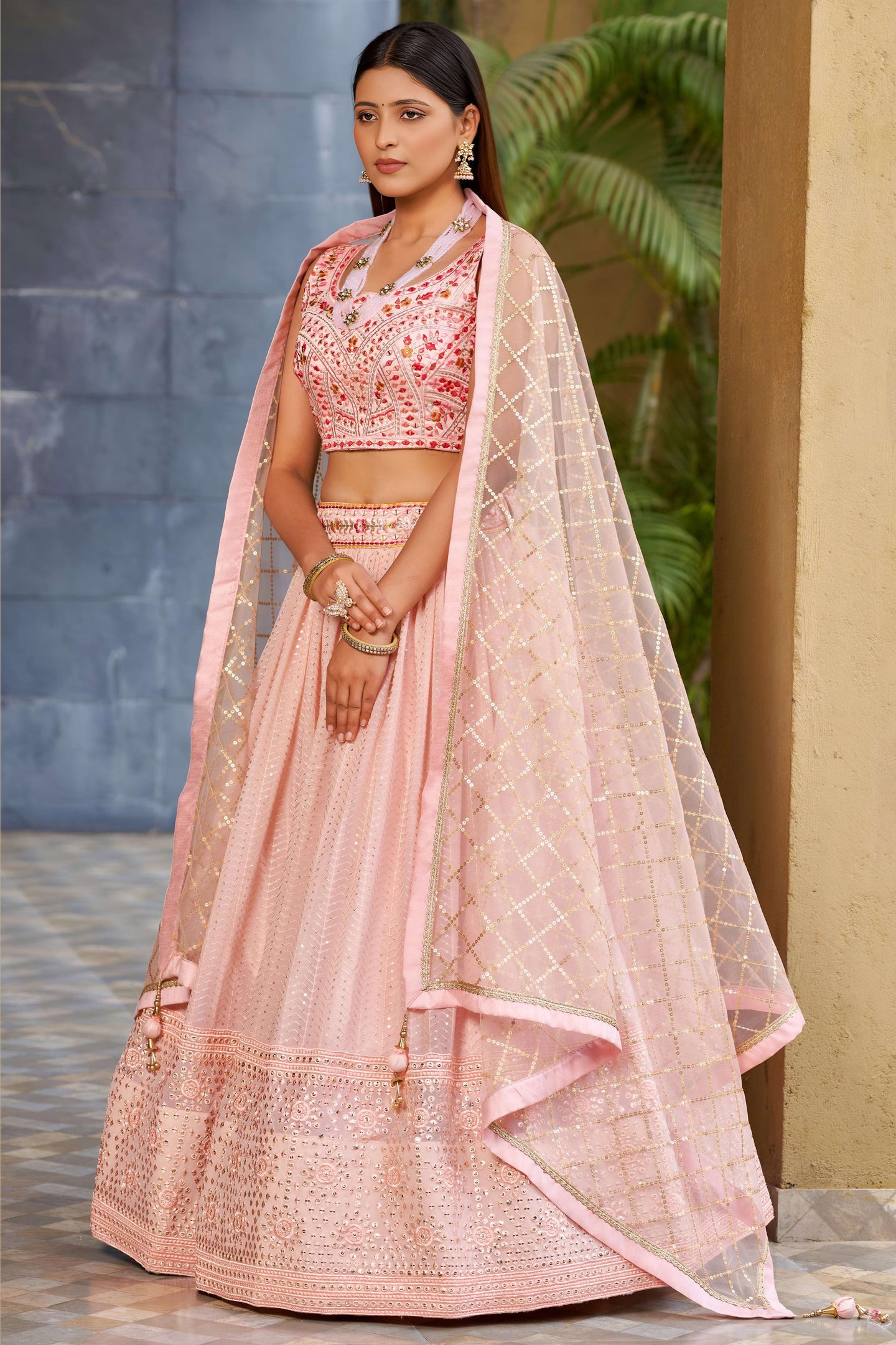 Light Pink Art Silk Lehenga Choli For Indian & Pakistani Wedding Festival - Sequins & Thread Embroidery Work, Zari Work, Embroidery Work, Real Mirror Work