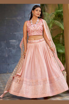 Light Pink Art Silk Lehenga Choli For Indian & Pakistani Wedding Festival - Sequins & Thread Embroidery Work, Zari Work, Embroidery Work, Real Mirror Work