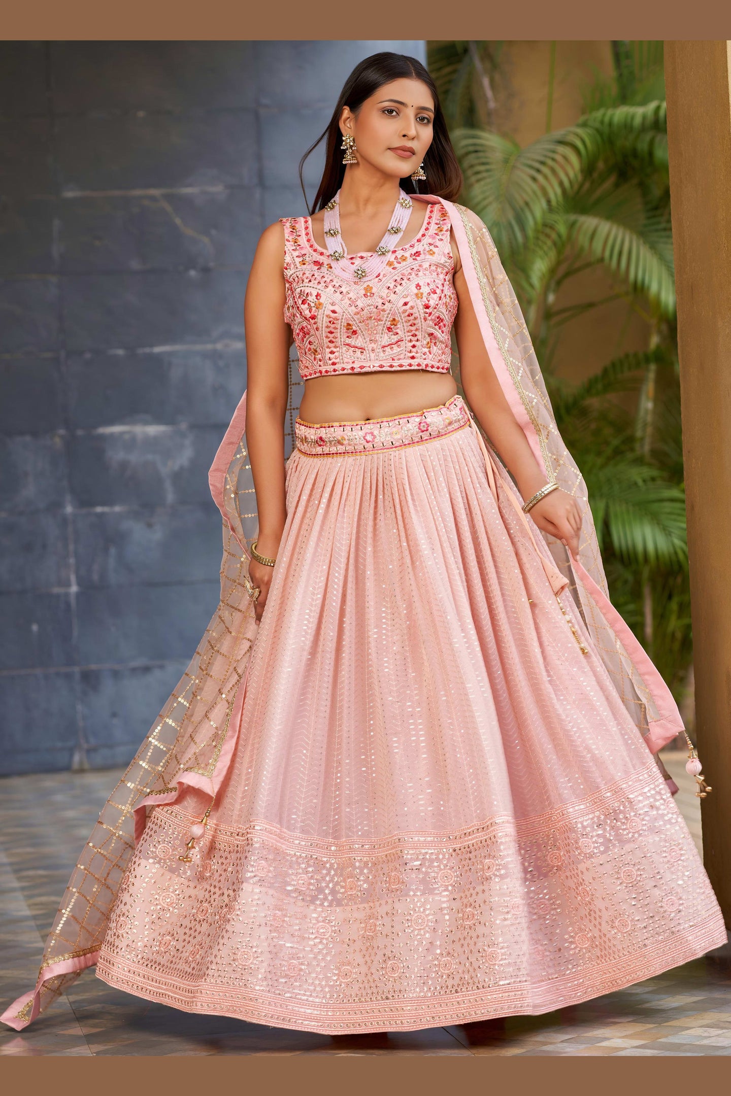 Light Pink Art Silk Lehenga Choli For Indian & Pakistani Wedding Festival - Sequins & Thread Embroidery Work, Zari Work, Embroidery Work, Real Mirror Work