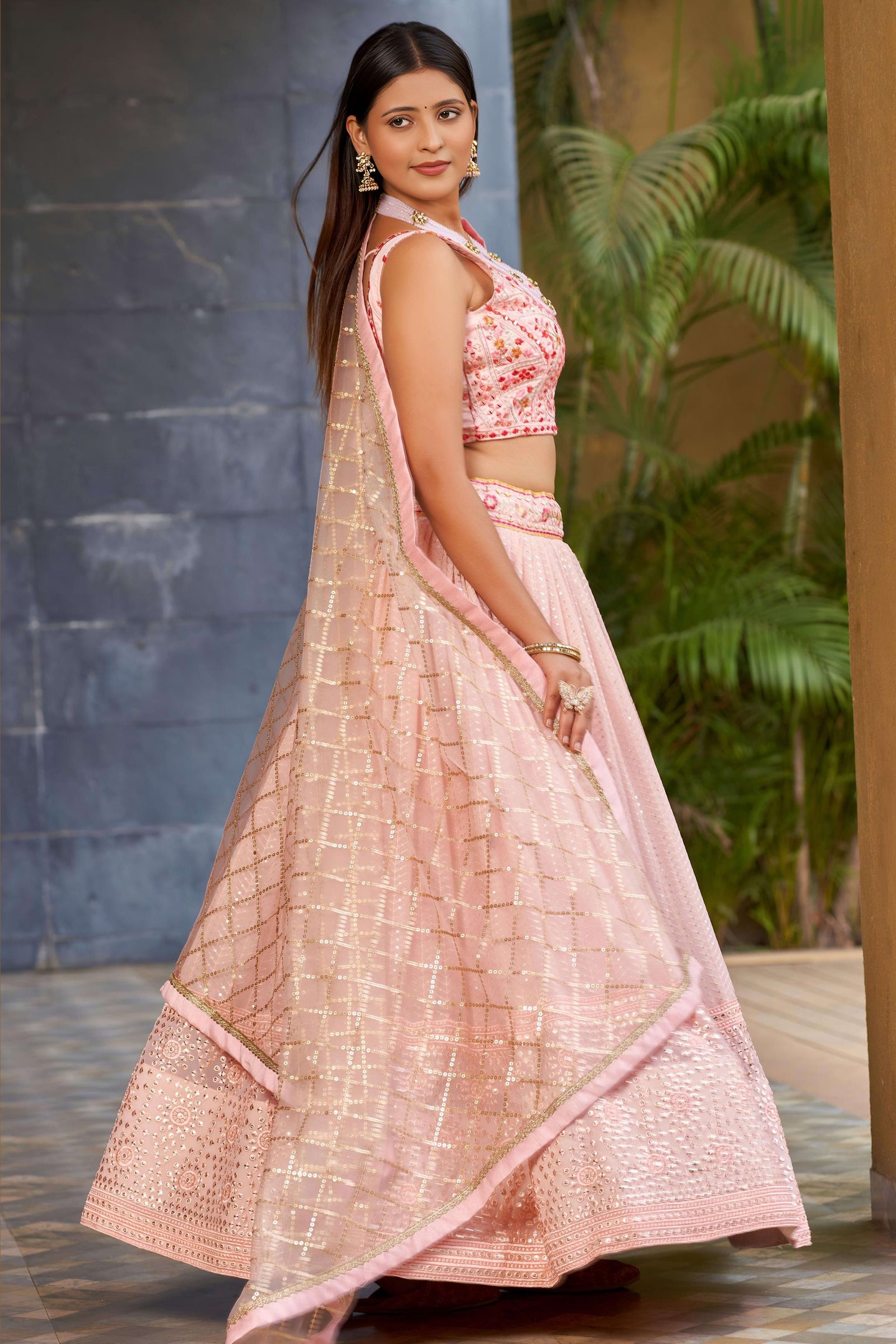 Light Pink Art Silk Lehenga Choli For Indian & Pakistani Wedding Festival - Sequins & Thread Embroidery Work, Zari Work, Embroidery Work, Real Mirror Work