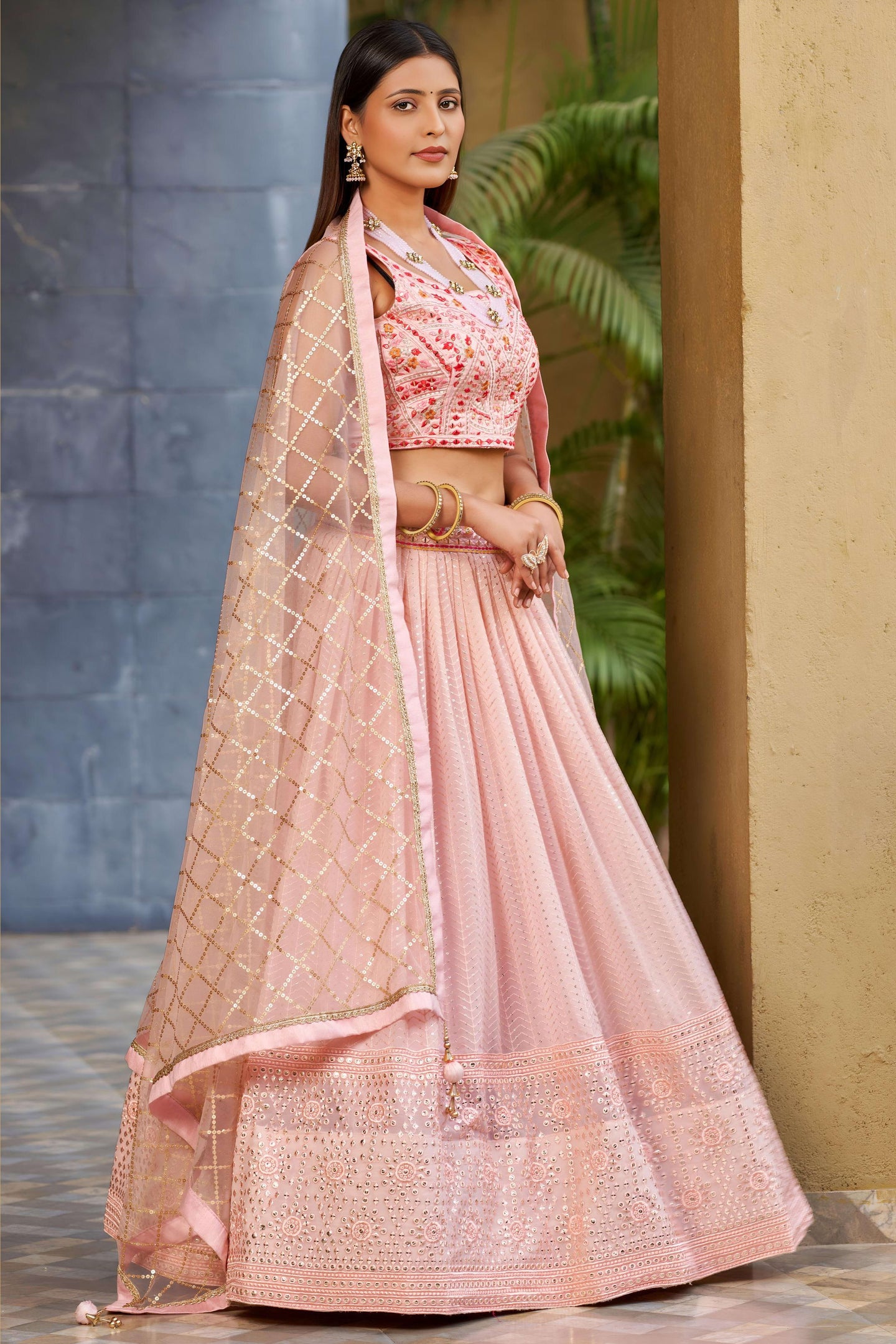 Light Pink Art Silk Lehenga Choli For Indian & Pakistani Wedding Festival - Sequins & Thread Embroidery Work, Zari Work, Embroidery Work, Real Mirror Work