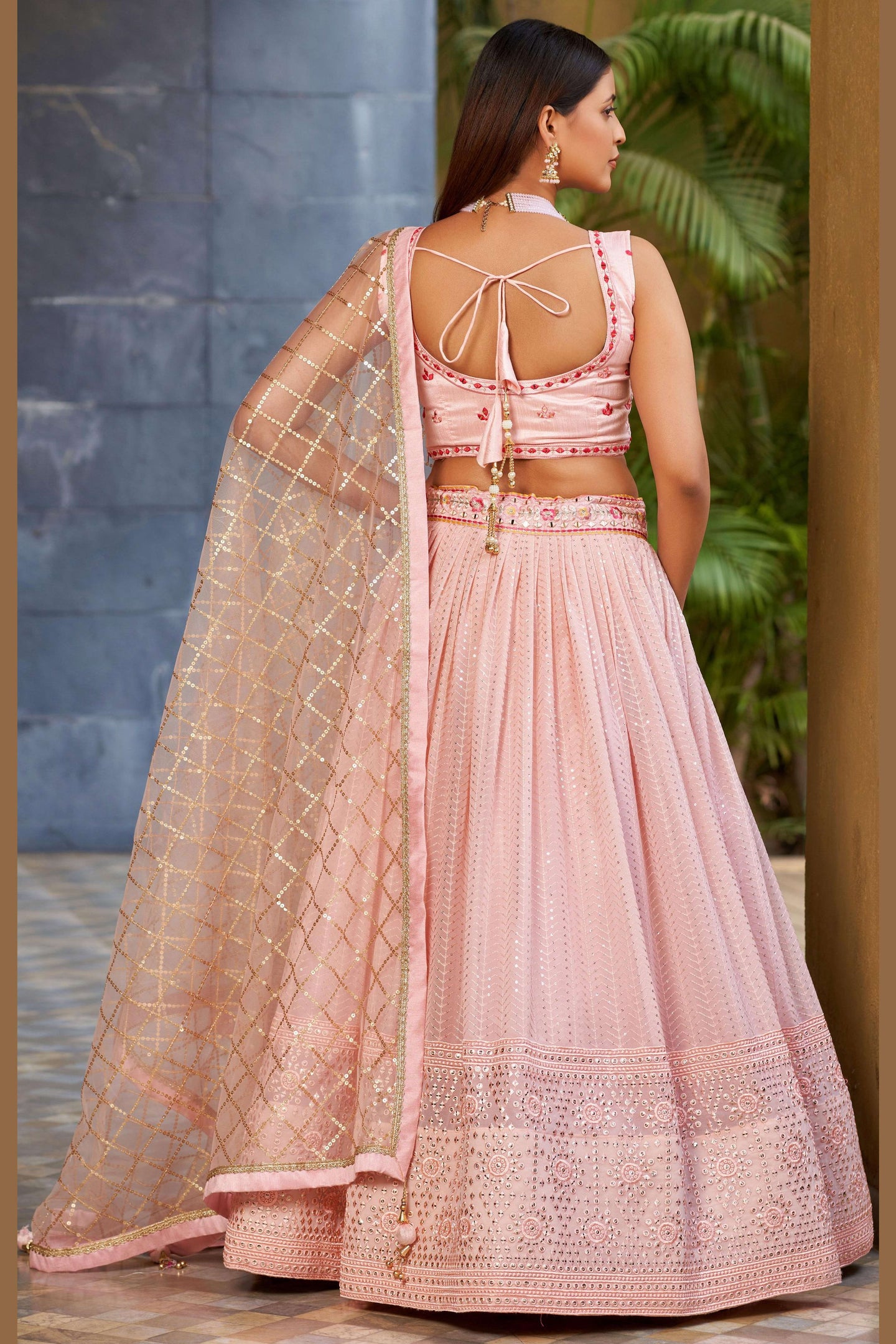 Light Pink Art Silk Lehenga Choli For Indian & Pakistani Wedding Festival - Sequins & Thread Embroidery Work, Zari Work, Embroidery Work, Real Mirror Work