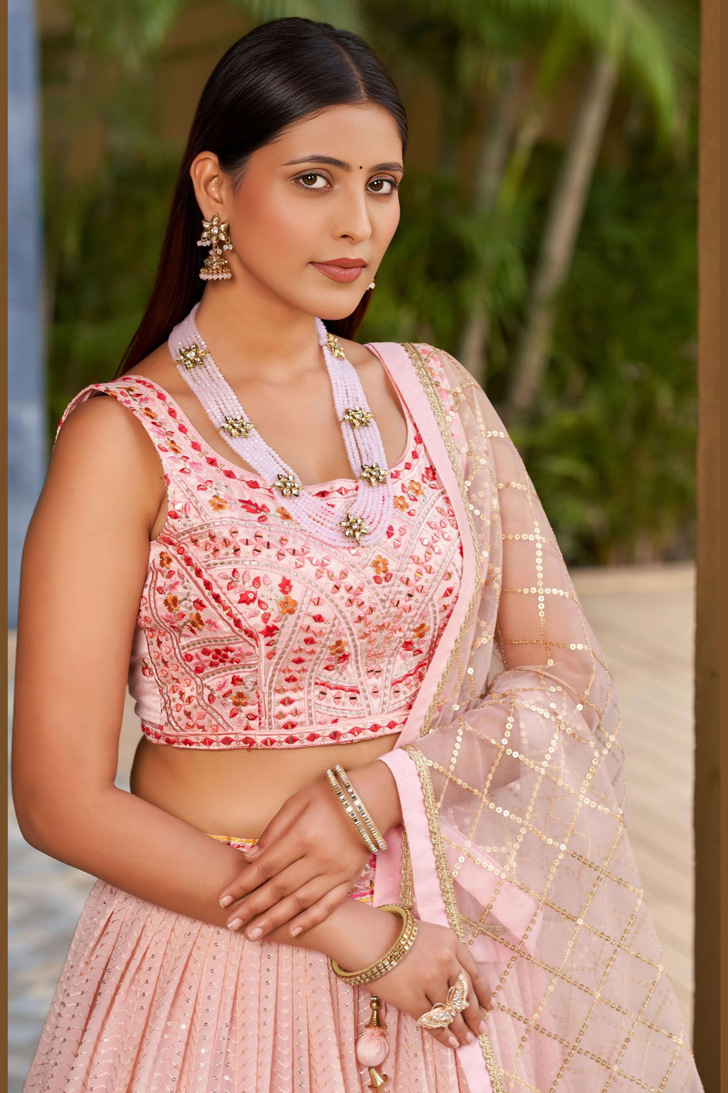 Light Pink Art Silk Lehenga Choli For Indian & Pakistani Wedding Festival - Sequins & Thread Embroidery Work, Zari Work, Embroidery Work, Real Mirror Work