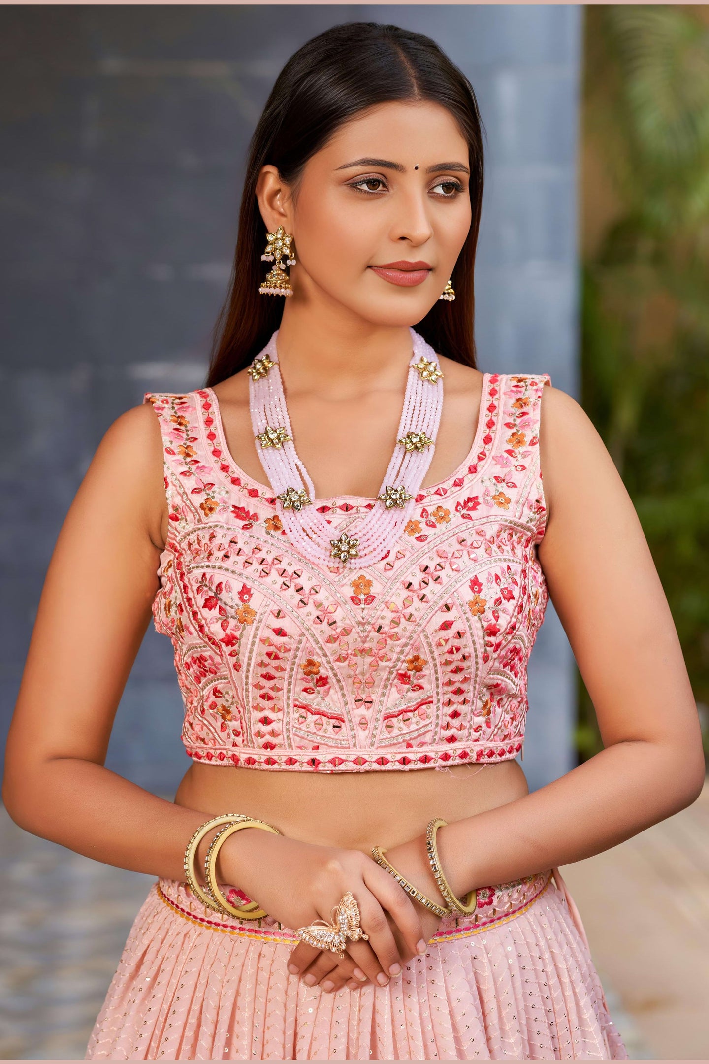 Light Pink Art Silk Lehenga Choli For Indian & Pakistani Wedding Festival - Sequins & Thread Embroidery Work, Zari Work, Embroidery Work, Real Mirror Work