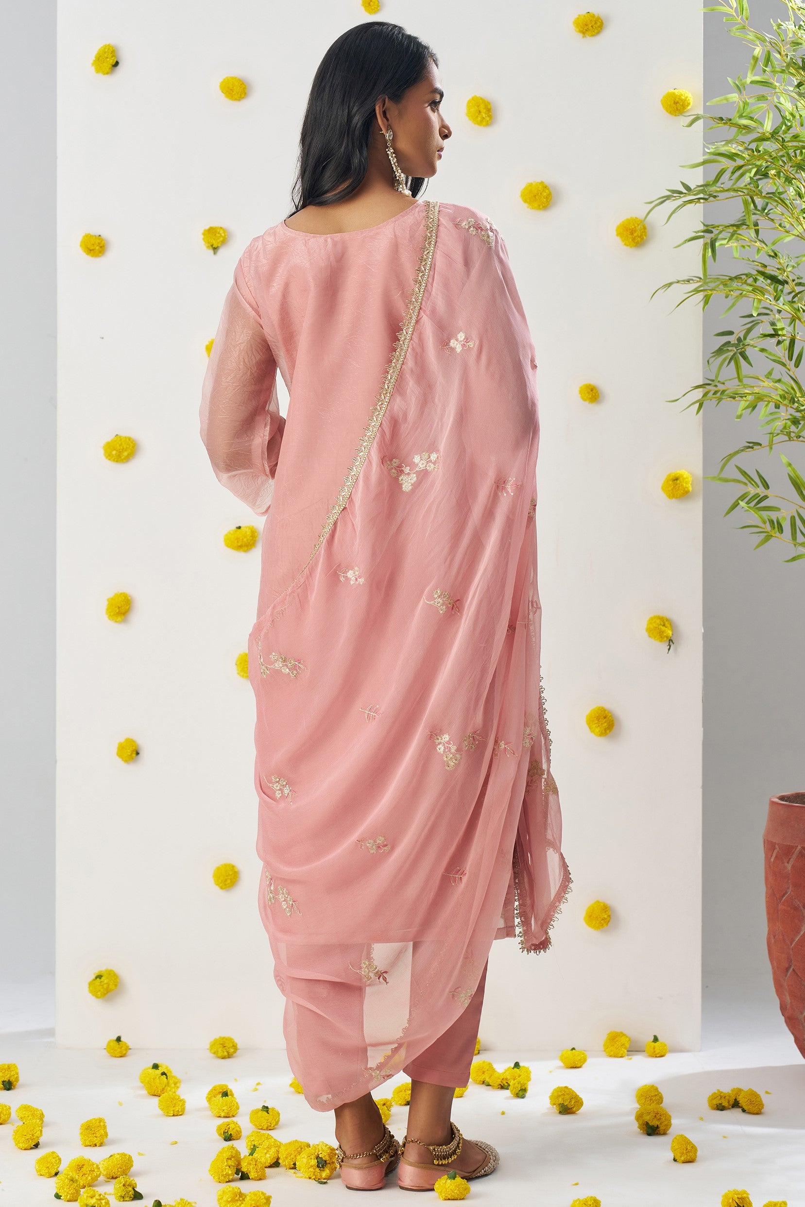 Blush Pink Crush Fabric Kameez with Pant & Chiffon Dupatta For Ladies Indian Festivals & Weddings - Embroidery Work