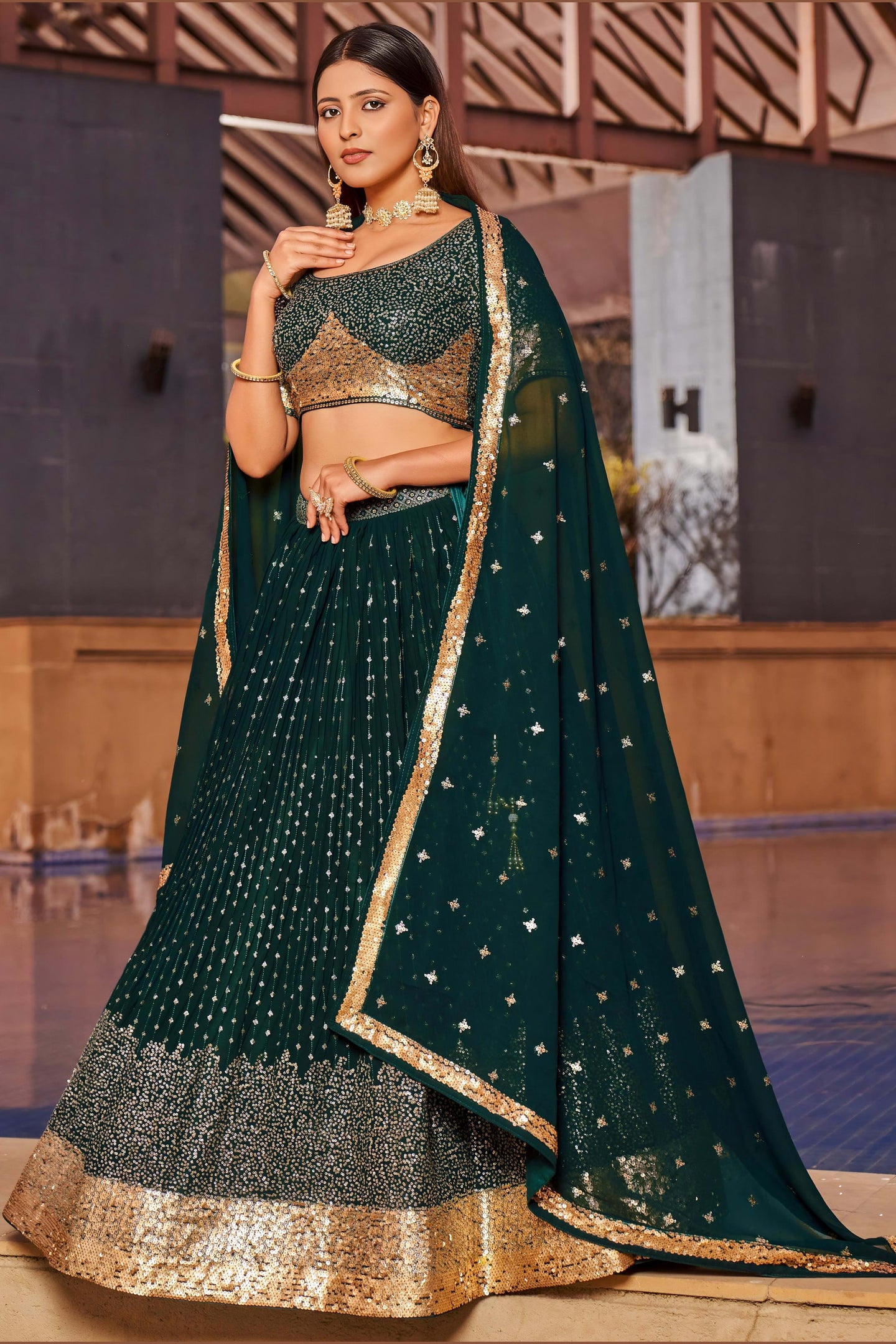 Green Georgette Lehenga Choli For Indian & Pakistani Wedding Festival - Sequins & Thread Embroidery Work