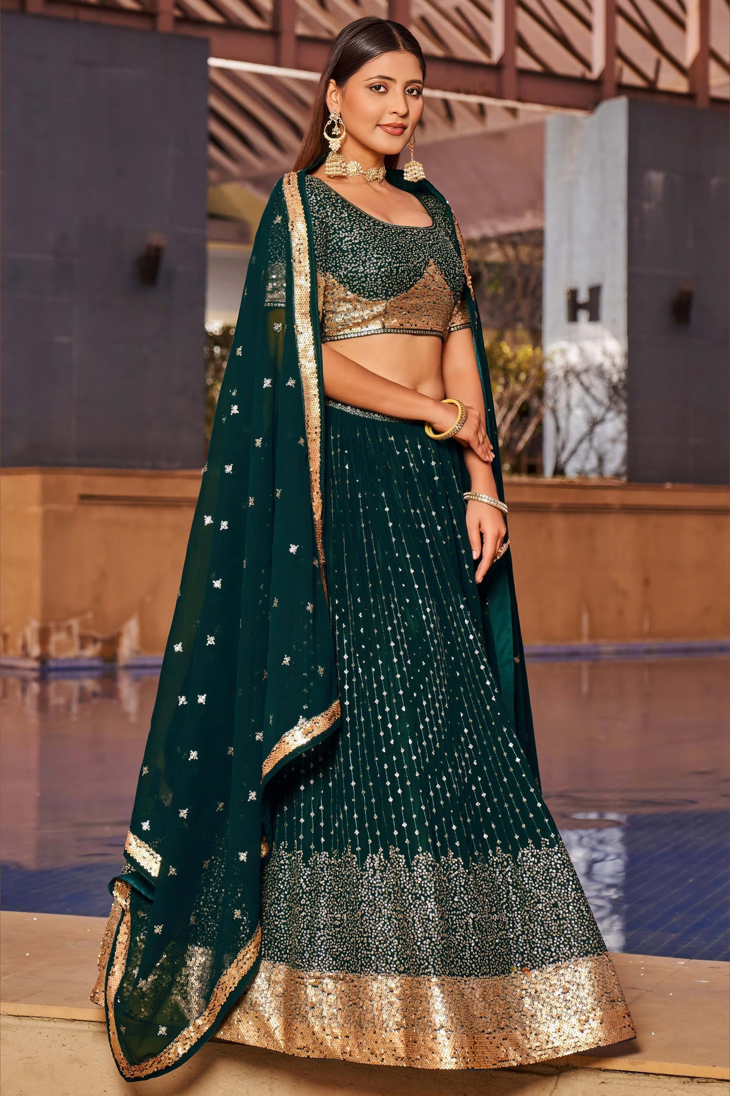 Green Georgette Lehenga Choli For Indian & Pakistani Wedding Festival - Sequins & Thread Embroidery Work