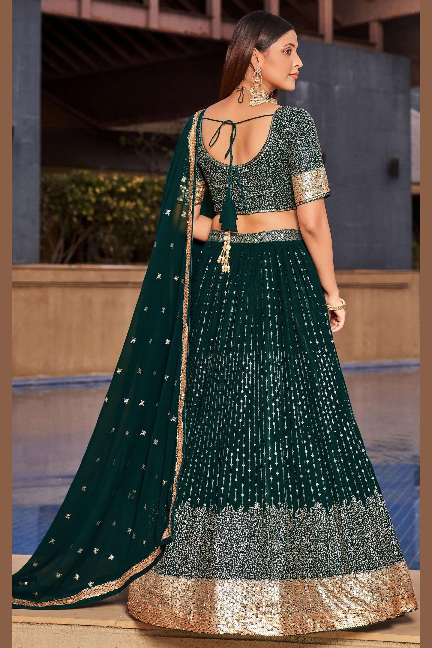 Green Georgette Lehenga Choli For Indian & Pakistani Wedding Festival - Sequins & Thread Embroidery Work