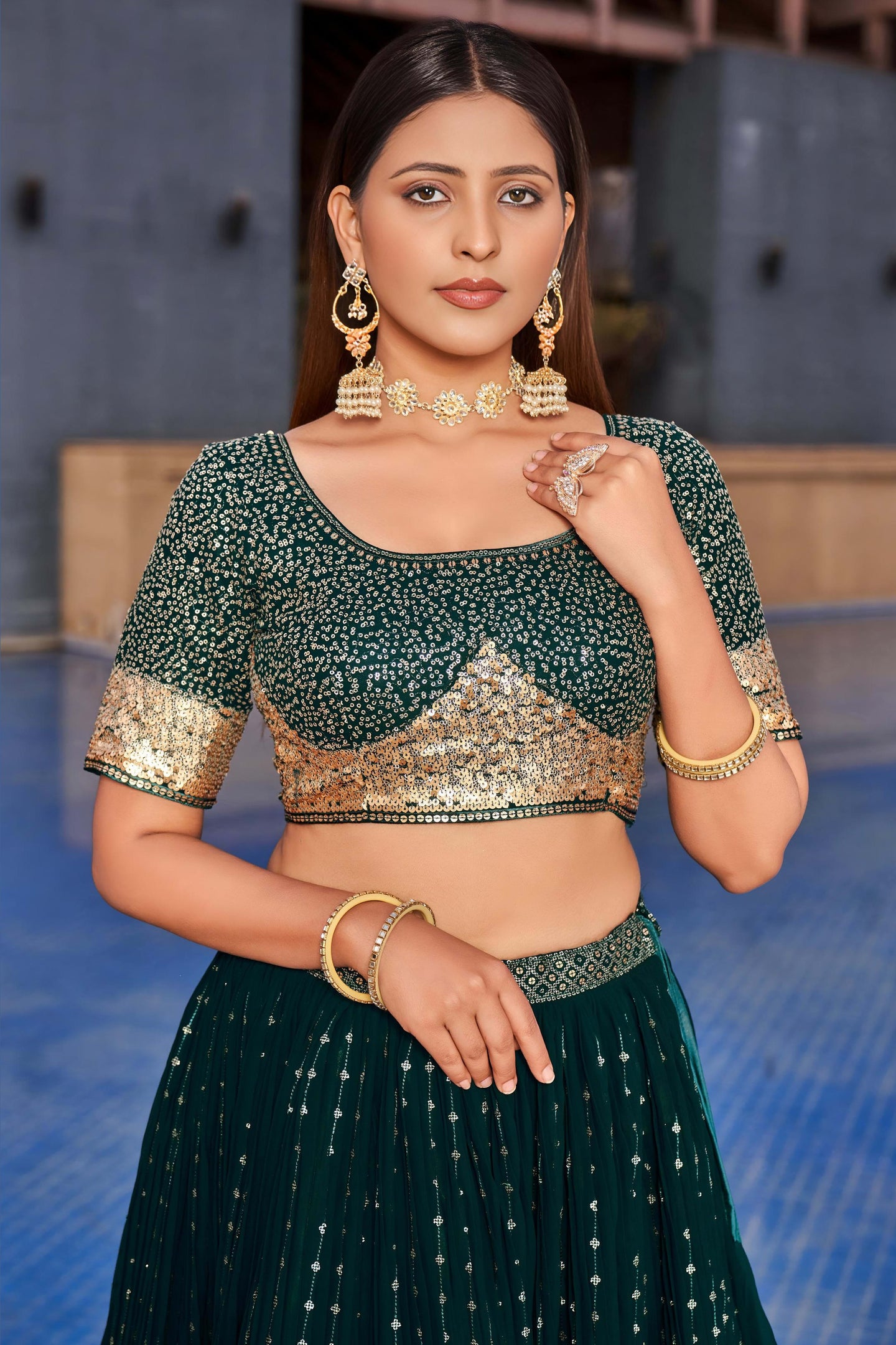 Green Georgette Lehenga Choli For Indian & Pakistani Wedding Festival - Sequins & Thread Embroidery Work