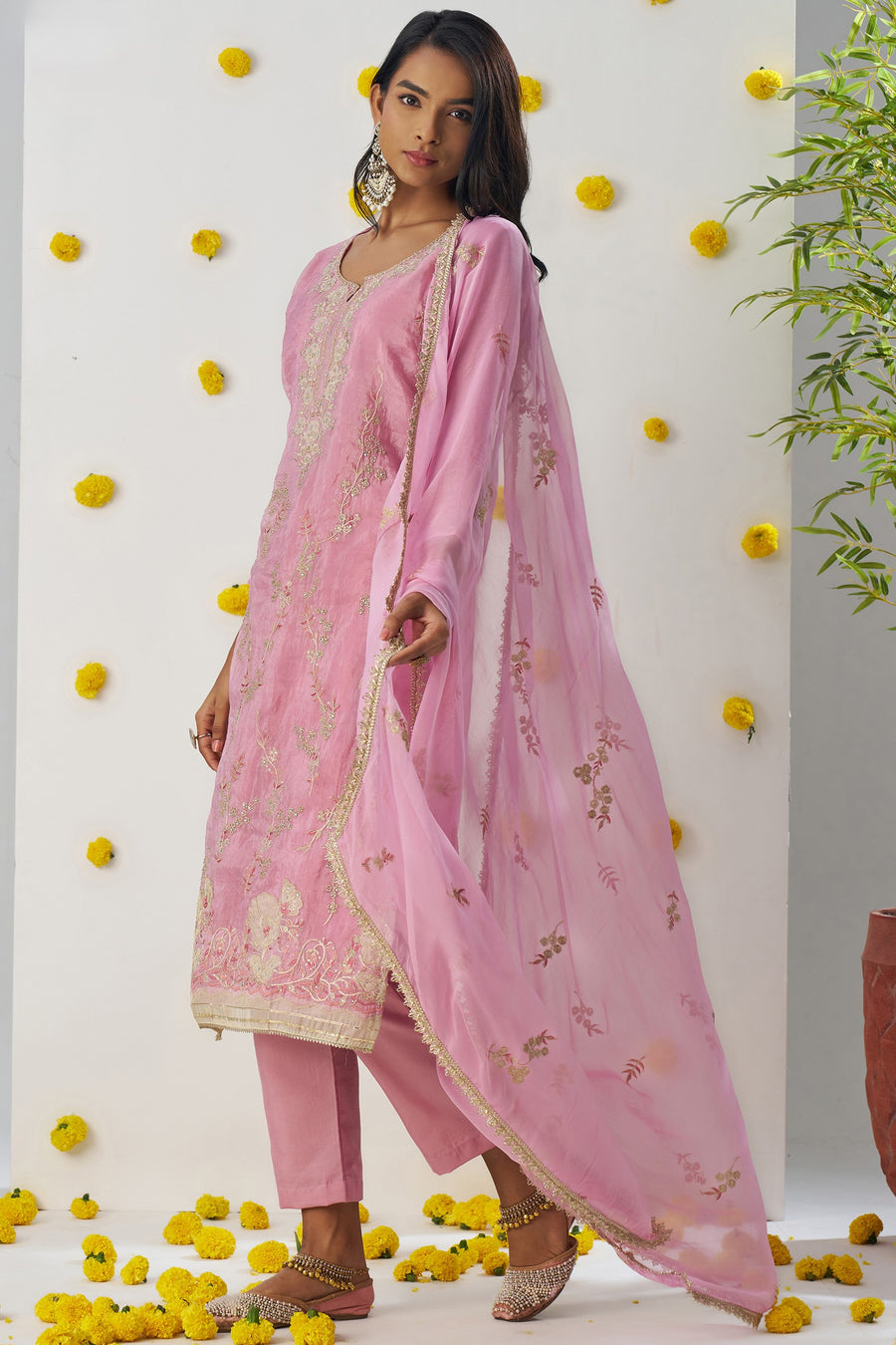 Pink Crush Fabric Kameez with Pant & Chiffon Dupatta For Ladies Indian Festivals & Weddings - Embroidery Work