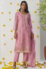Pink Crush Fabric Kameez with Pant & Chiffon Dupatta For Ladies Indian Festivals & Weddings - Embroidery Work