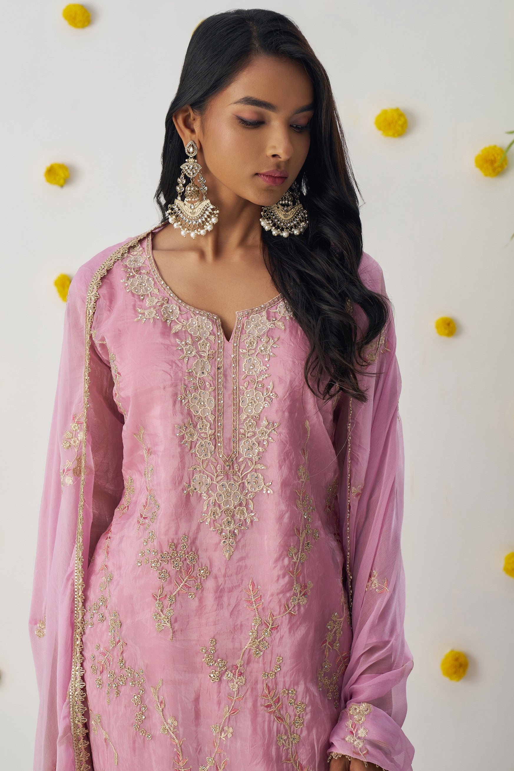 Pink Crush Fabric Kameez with Pant & Chiffon Dupatta For Ladies Indian Festivals & Weddings - Embroidery Work