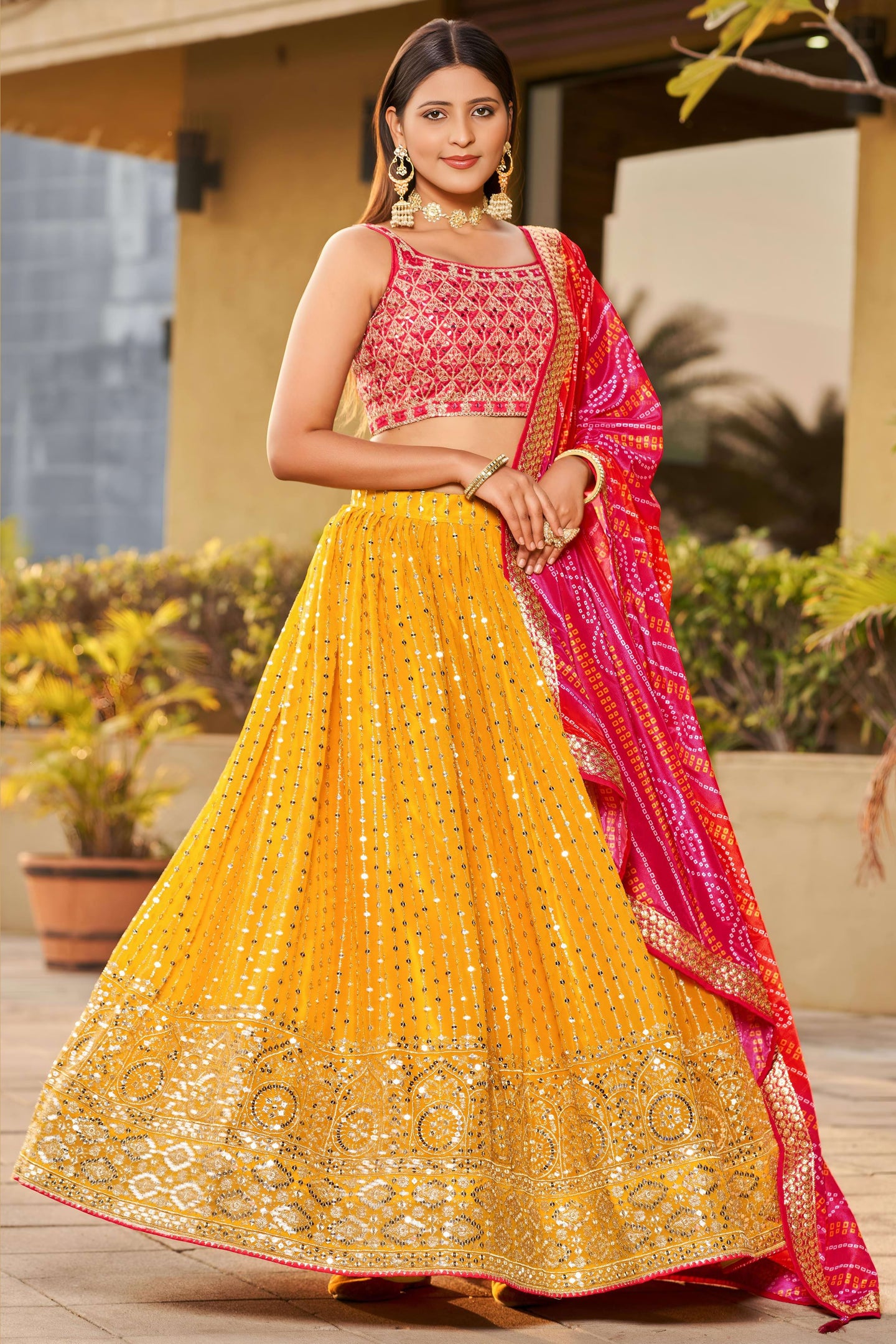 Mustard Art Silk Lehenga Choli For Indian & Pakistani Wedding Festival - Sequins & Thread Embroidery Work, Zari Work, Dori Work, Real Mirror Work, Print Work