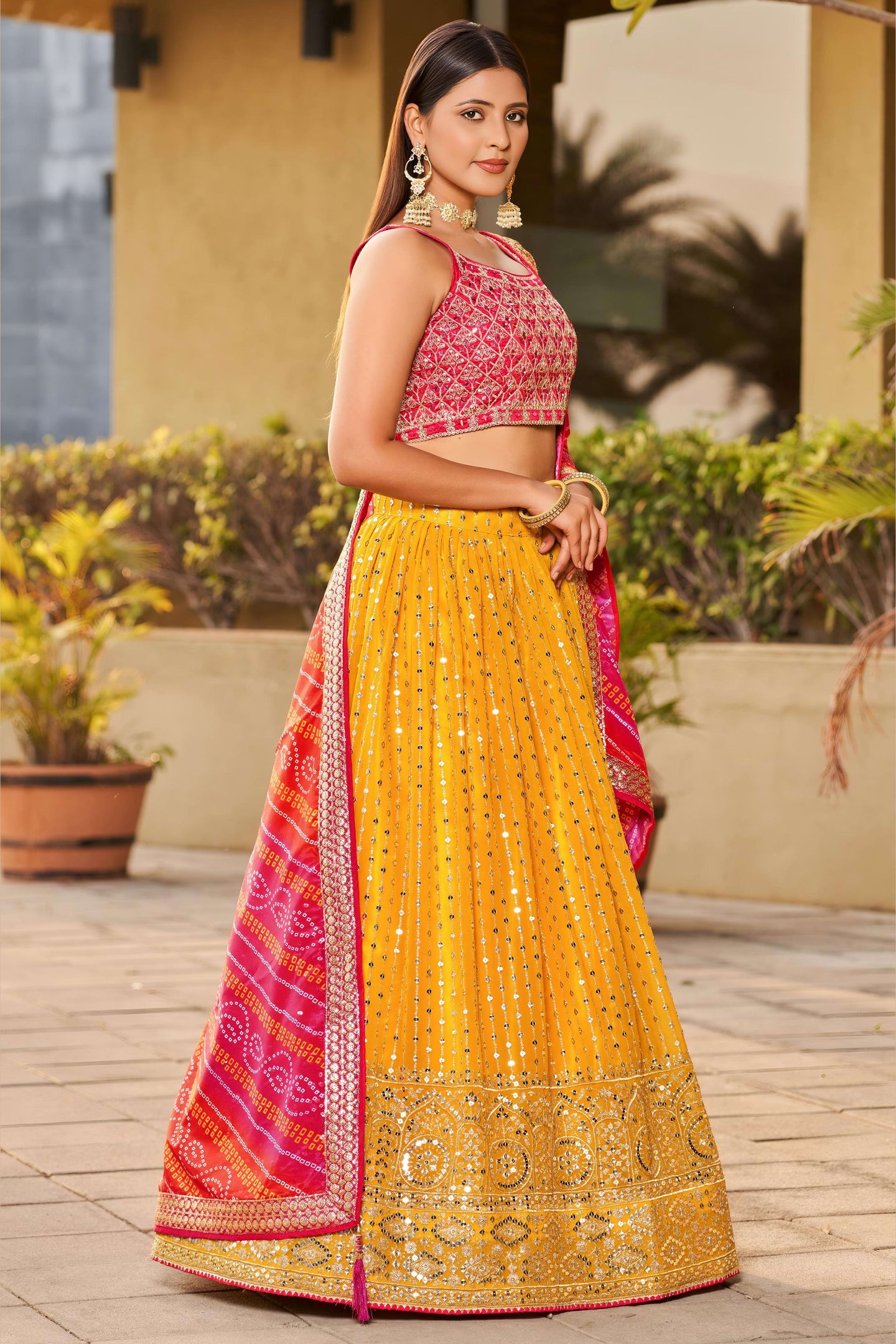 Mustard Art Silk Lehenga Choli For Indian & Pakistani Wedding Festival - Sequins & Thread Embroidery Work, Zari Work, Dori Work, Real Mirror Work, Print Work