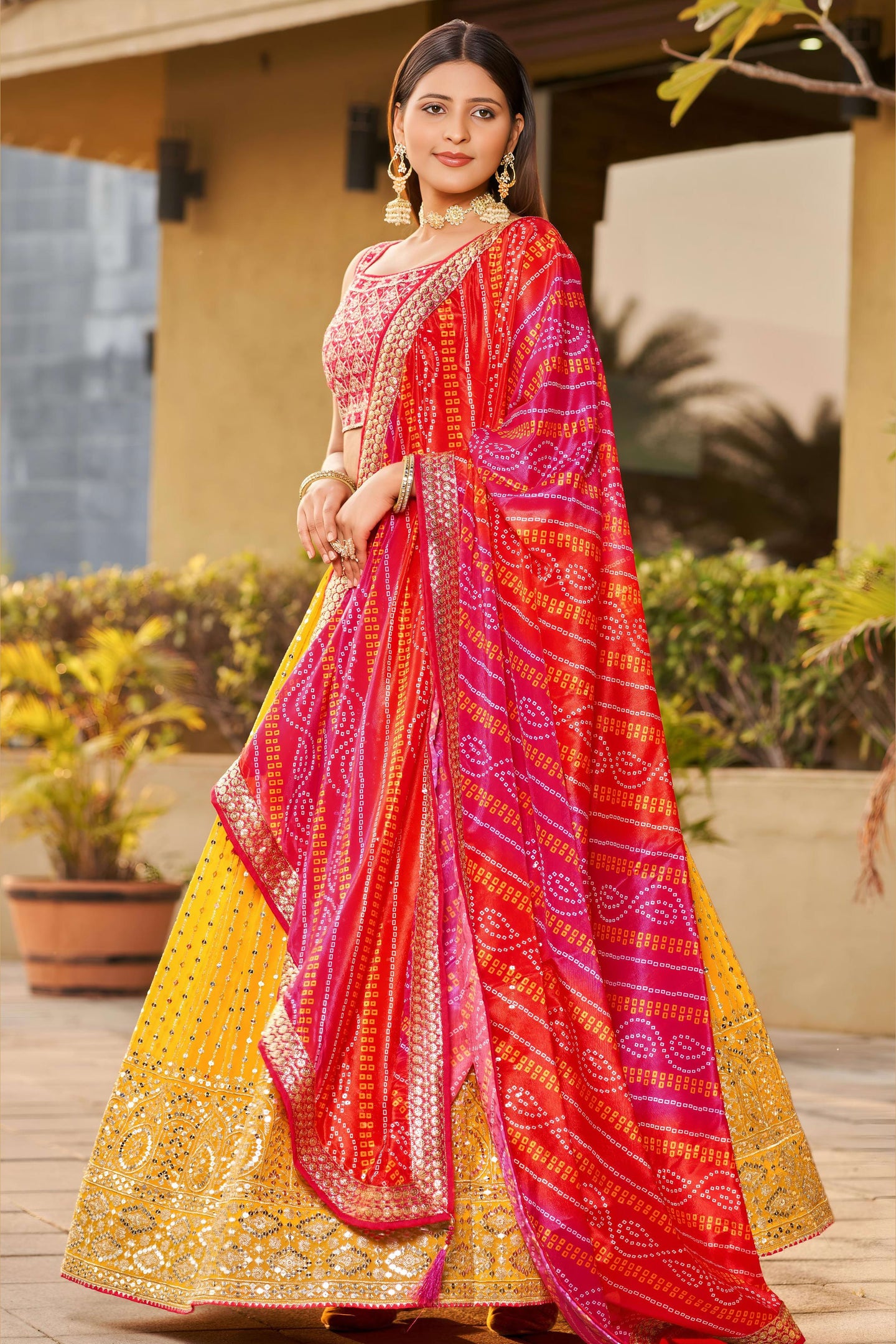 Mustard Art Silk Lehenga Choli For Indian & Pakistani Wedding Festival - Sequins & Thread Embroidery Work, Zari Work, Dori Work, Real Mirror Work, Print Work