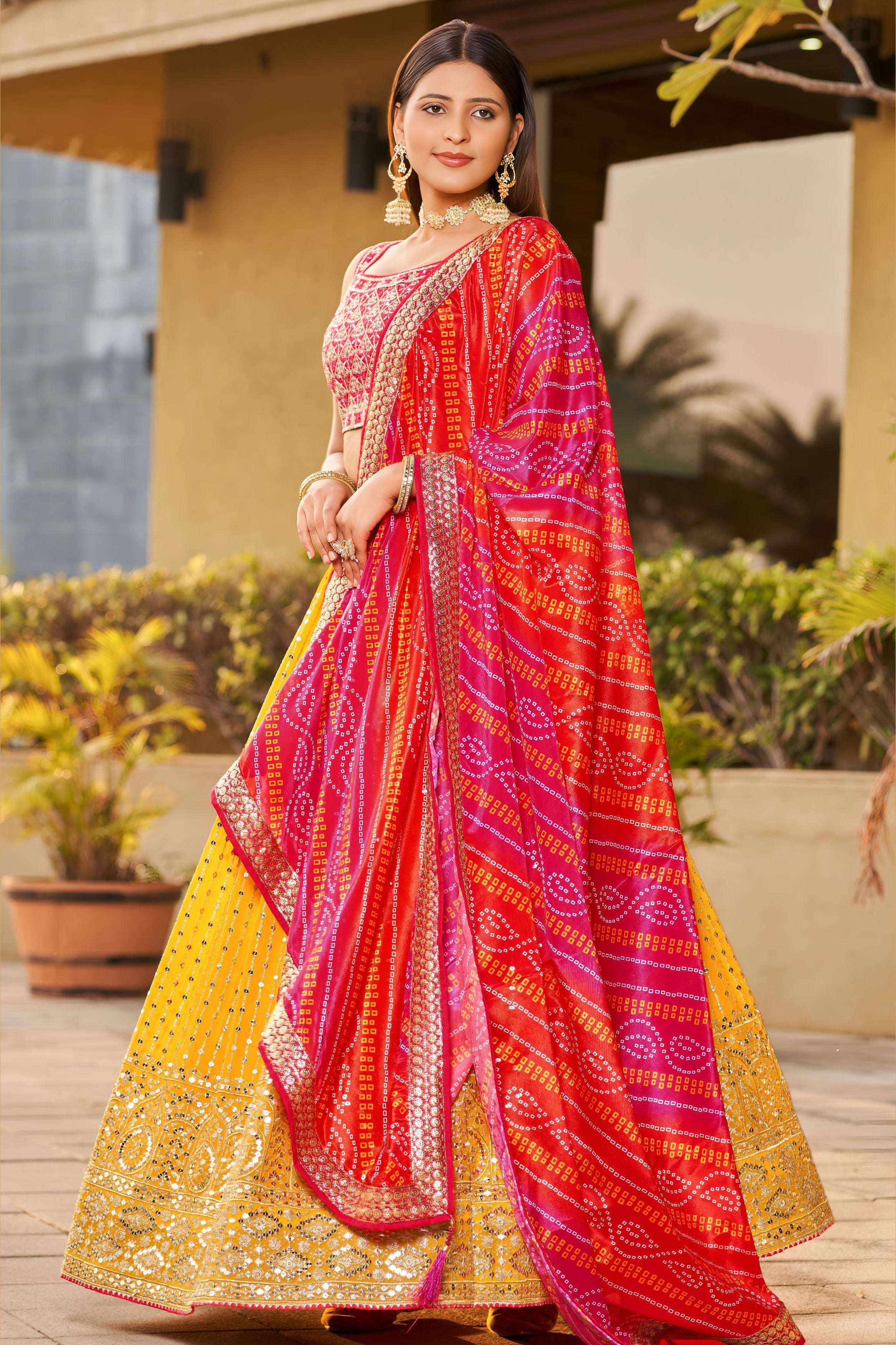 Mustard Art Silk Lehenga Choli For Indian & Pakistani Wedding Festival - Sequins & Thread Embroidery Work, Zari Work, Dori Work, Real Mirror Work, Print Work
