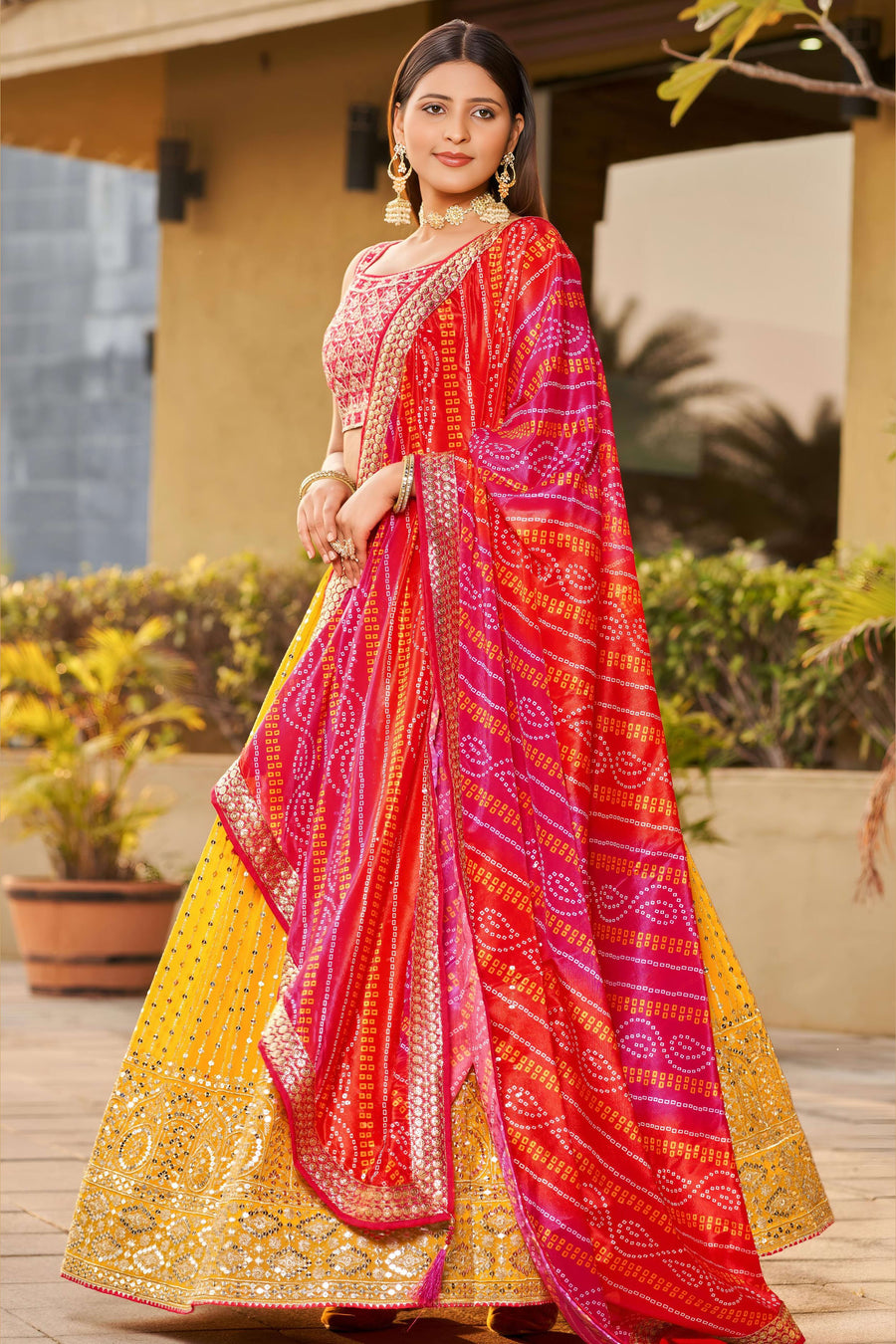 Mustard Art Silk Lehenga Choli For Indian & Pakistani Wedding Festival - Sequins & Thread Embroidery Work, Zari Work, Dori Work, Real Mirror Work, Print Work