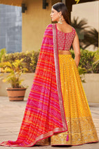 Mustard Art Silk Lehenga Choli For Indian & Pakistani Wedding Festival - Sequins & Thread Embroidery Work, Zari Work, Dori Work, Real Mirror Work, Print Work
