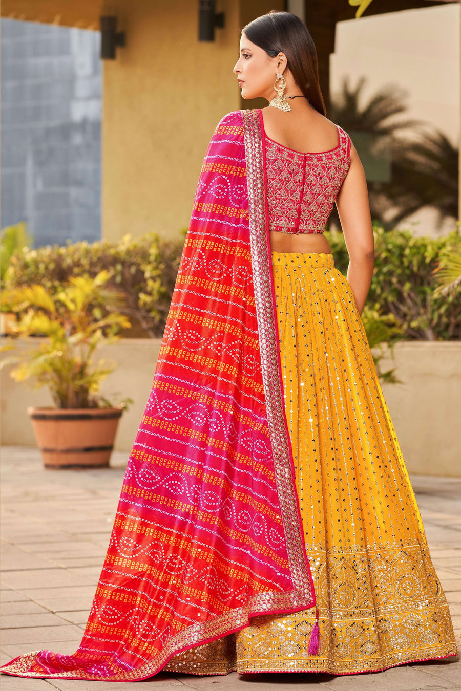 Mustard Art Silk Lehenga Choli For Indian & Pakistani Wedding Festival - Sequins & Thread Embroidery Work, Zari Work, Dori Work, Real Mirror Work, Print Work