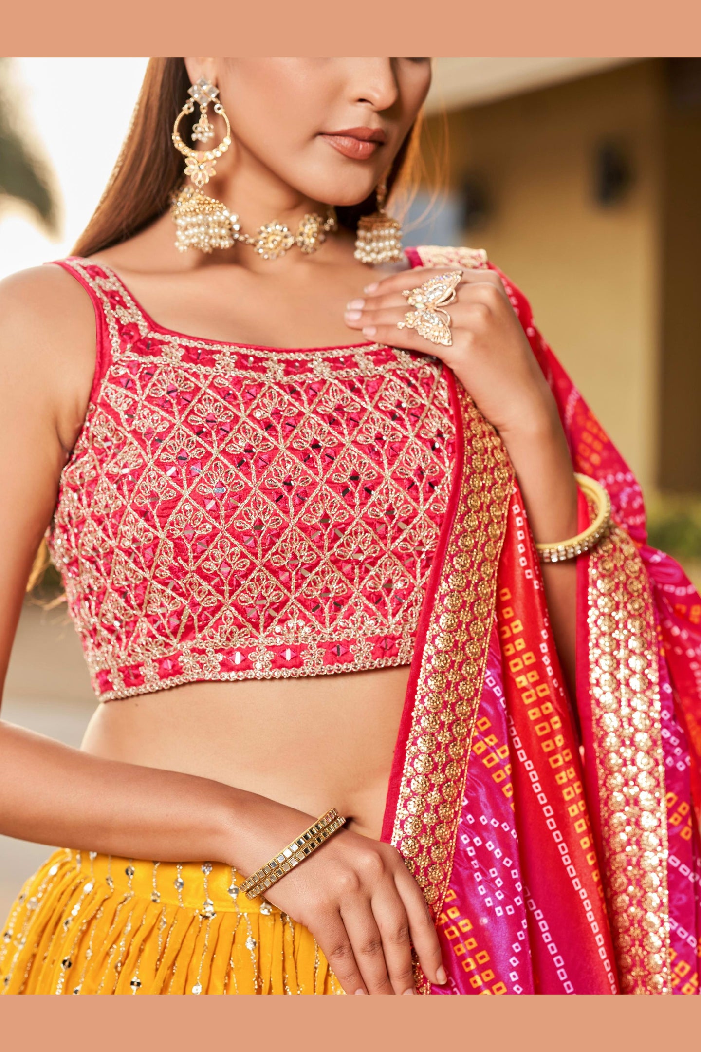 Mustard Art Silk Lehenga Choli For Indian & Pakistani Wedding Festival - Sequins & Thread Embroidery Work, Zari Work, Dori Work, Real Mirror Work, Print Work