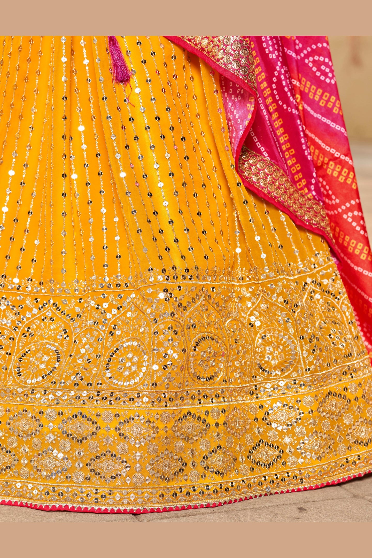 Mustard Art Silk Lehenga Choli For Indian & Pakistani Wedding Festival - Sequins & Thread Embroidery Work, Zari Work, Dori Work, Real Mirror Work, Print Work