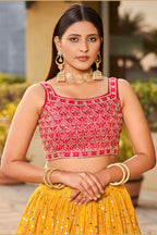 Mustard Art Silk Lehenga Choli For Indian & Pakistani Wedding Festival - Sequins & Thread Embroidery Work, Zari Work, Dori Work, Real Mirror Work, Print Work
