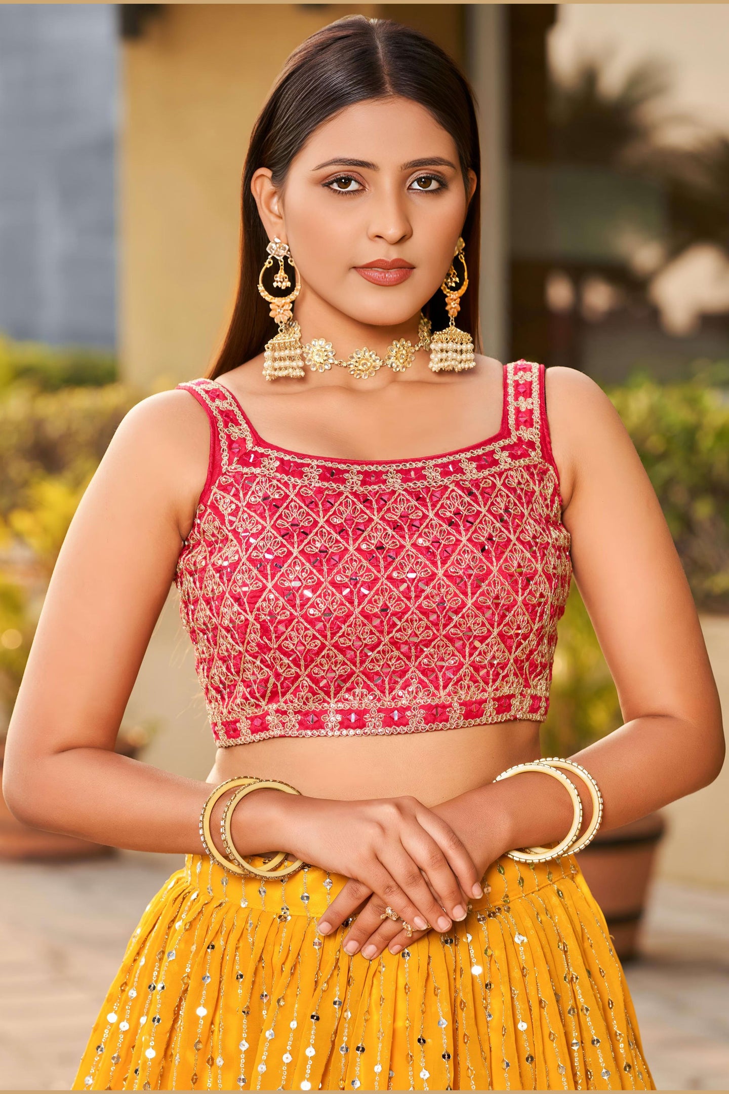 Mustard Art Silk Lehenga Choli For Indian & Pakistani Wedding Festival - Sequins & Thread Embroidery Work, Zari Work, Dori Work, Real Mirror Work, Print Work