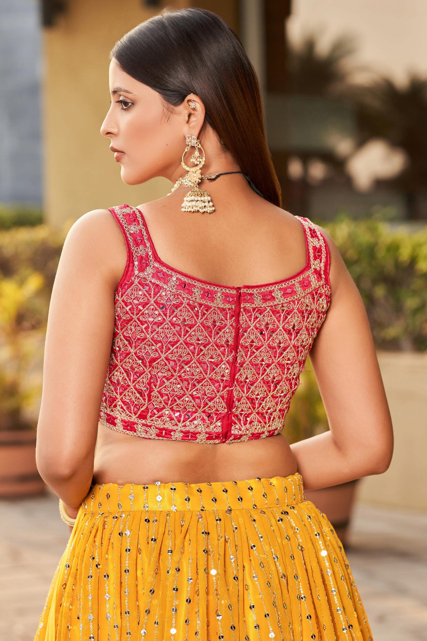 Mustard Art Silk Lehenga Choli For Indian & Pakistani Wedding Festival - Sequins & Thread Embroidery Work, Zari Work, Dori Work, Real Mirror Work, Print Work