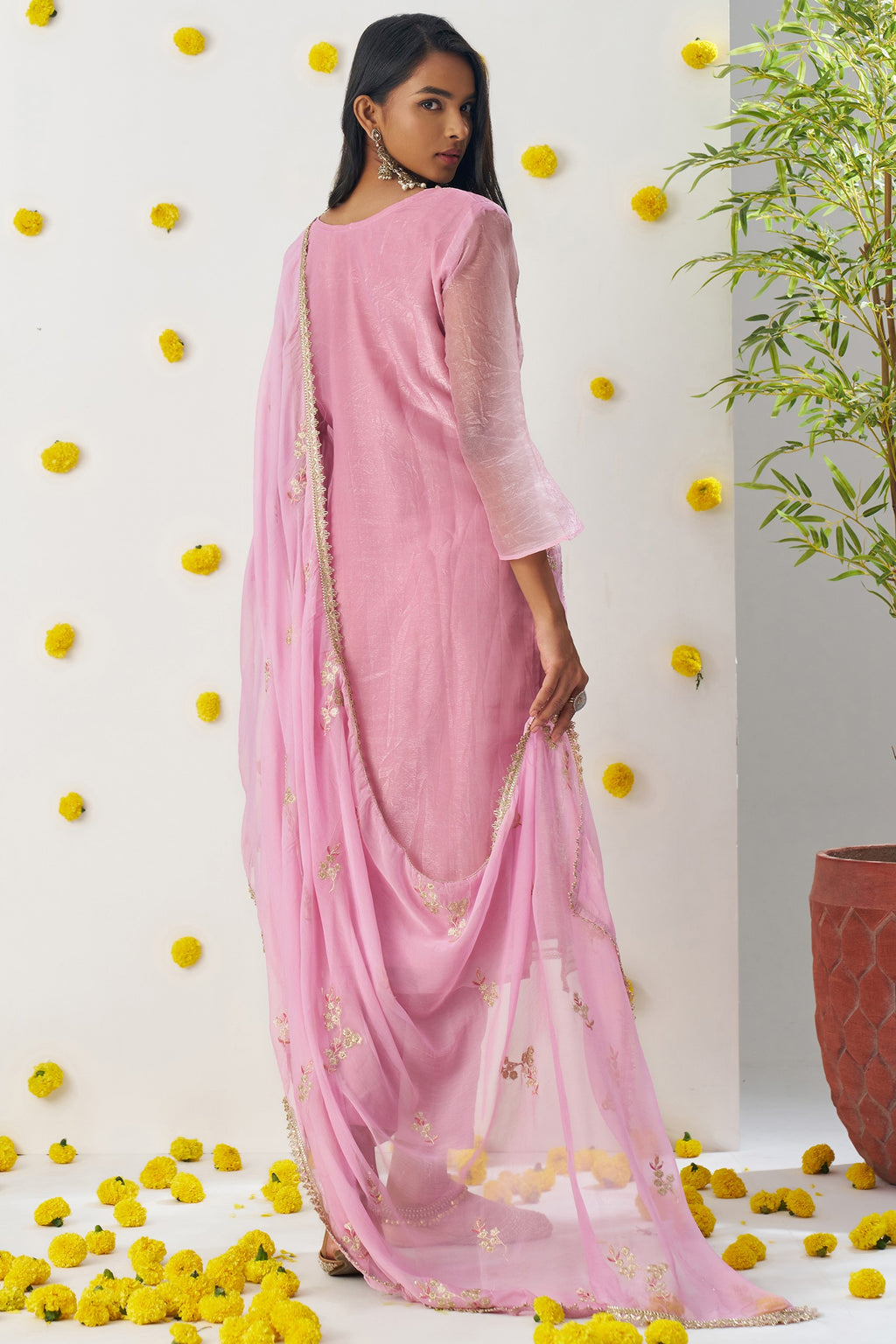 Pink Crush Fabric Kameez with Pant & Chiffon Dupatta For Ladies Indian Festivals & Weddings - Embroidery Work