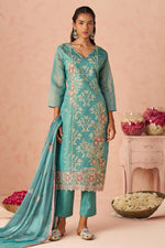 Turquoise Zari Fancy Fabric Silk Kameez With Pant For Indian & Pakistani Wedding Festival - Thread & Sequins Embroidery Work, Moti Work