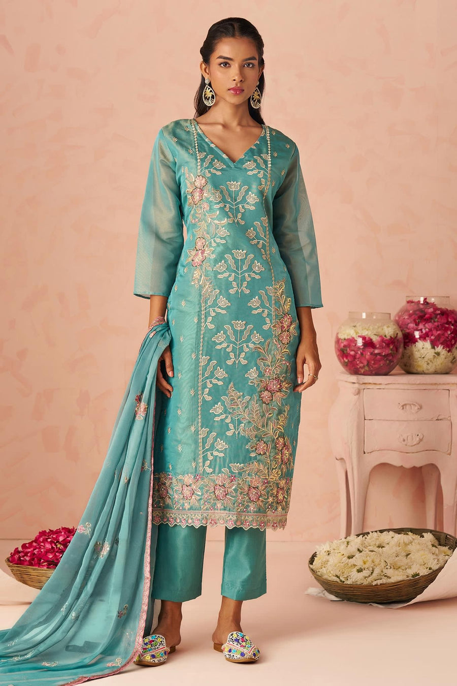 Turquoise Zari Fancy Fabric Silk Kameez With Pant For Indian & Pakistani Wedding Festival - Thread & Sequins Embroidery Work, Moti Work