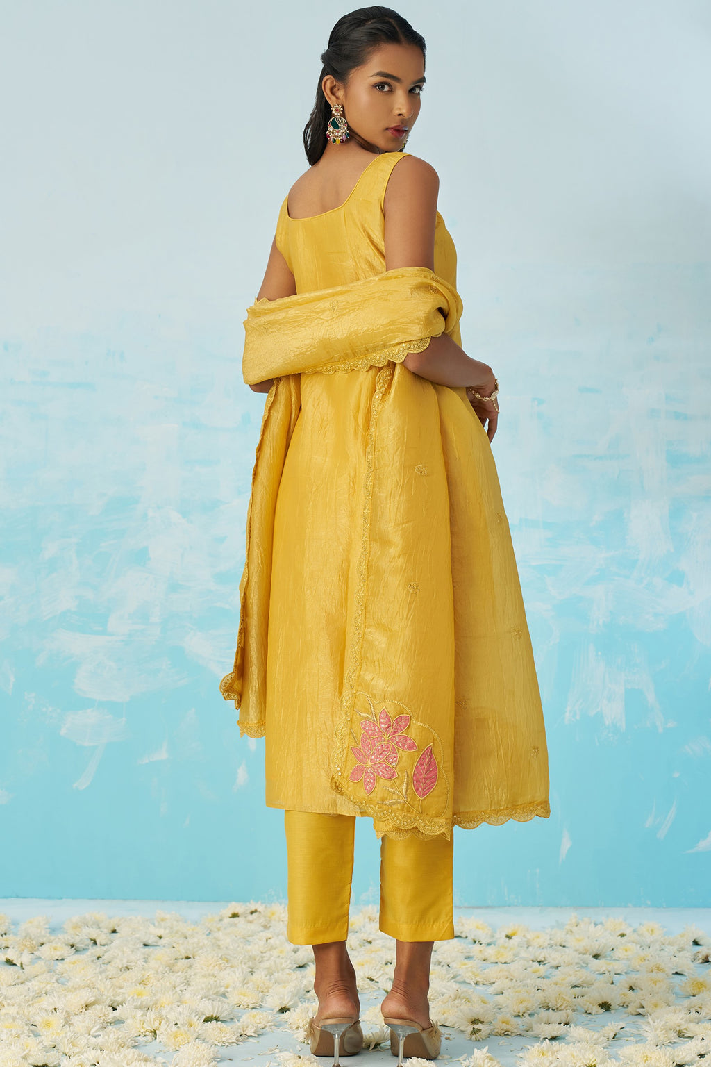 Yellow Crush Fabric Kameez with Pant & Crush Fabric Dupatta For Ladies Indian Festivals & Weddings - Embroidery Work