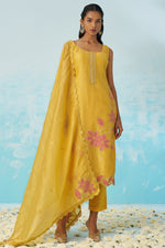 Yellow Crush Fabric Kameez with Pant & Crush Fabric Dupatta For Ladies Indian Festivals & Weddings - Embroidery Work