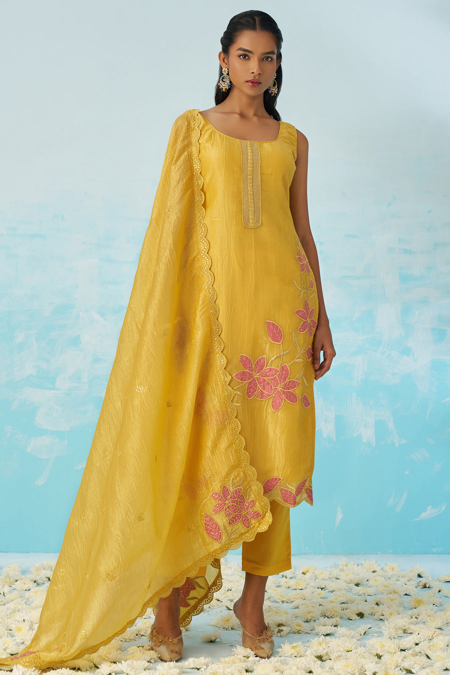 Yellow Crush Fabric Kameez with Pant & Crush Fabric Dupatta For Ladies Indian Festivals & Weddings - Embroidery Work