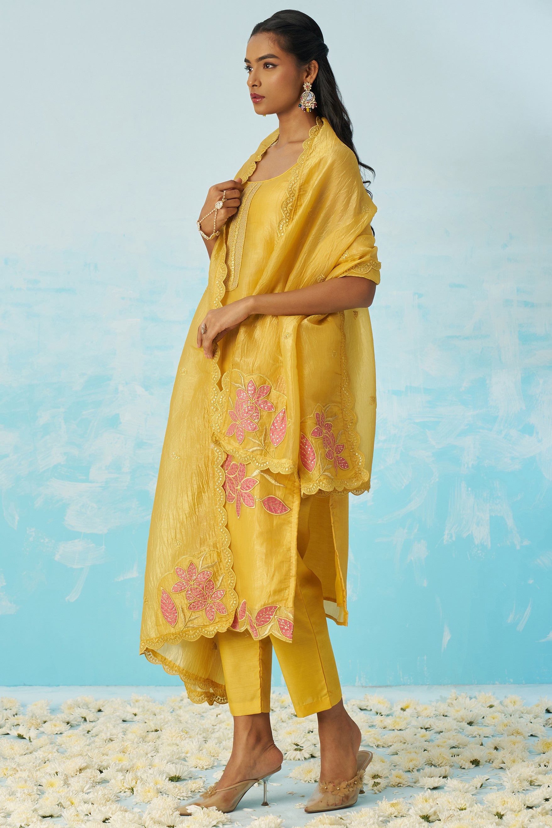 Yellow Crush Fabric Kameez with Pant & Crush Fabric Dupatta For Ladies Indian Festivals & Weddings - Embroidery Work