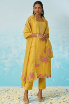 Yellow Crush Fabric Kameez with Pant & Crush Fabric Dupatta For Ladies Indian Festivals & Weddings - Embroidery Work
