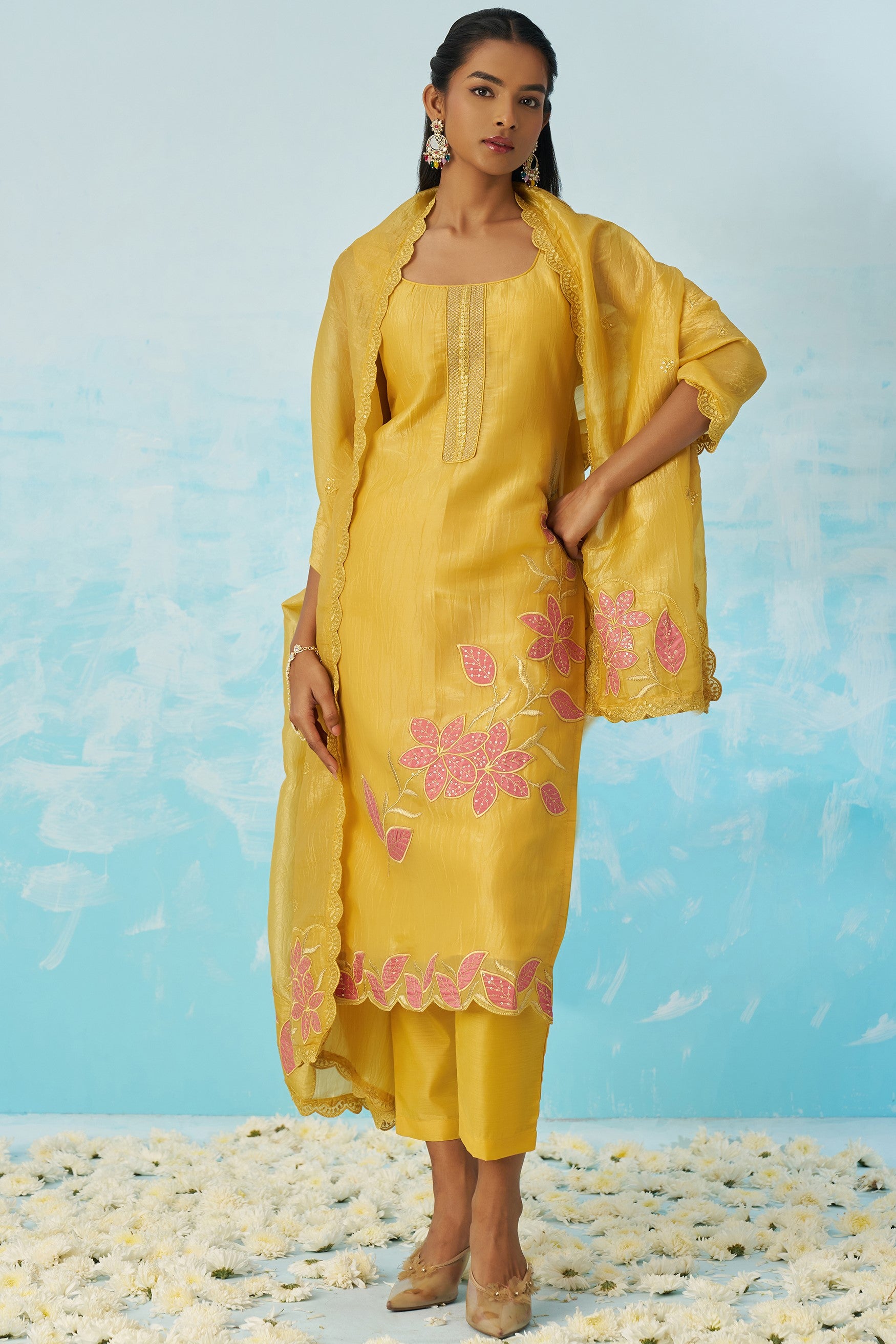 Yellow Crush Fabric Kameez with Pant & Crush Fabric Dupatta For Ladies Indian Festivals & Weddings - Embroidery Work