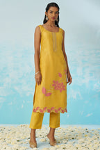 Yellow Crush Fabric Kameez with Pant & Crush Fabric Dupatta For Ladies Indian Festivals & Weddings - Embroidery Work