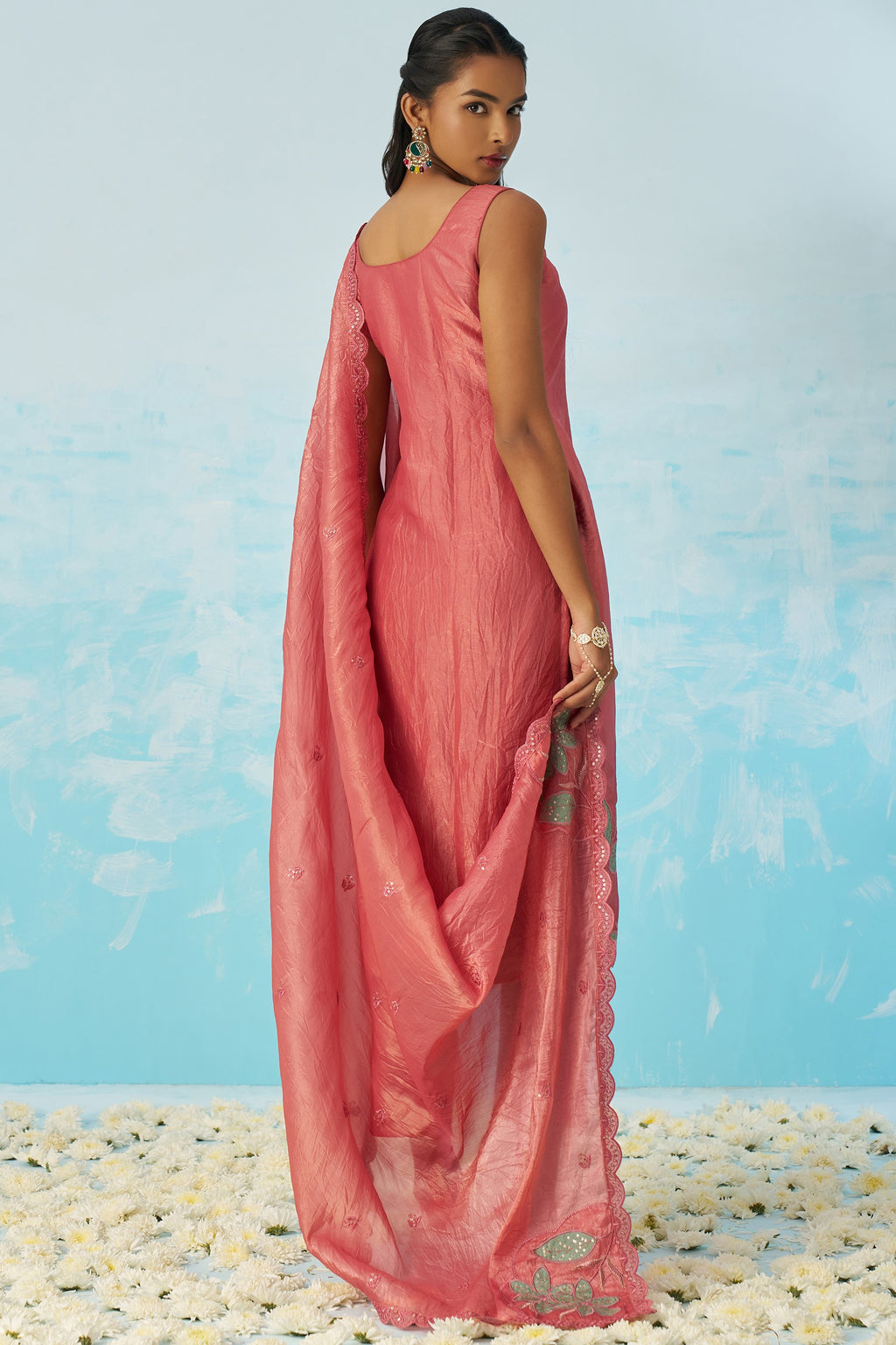 Pinkish Red Crush Fabric Kameez with Pant & Crush Fabric Dupatta For Ladies Indian Festivals & Weddings - Embroidery Work